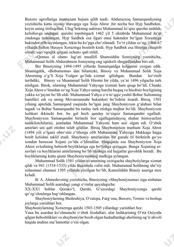 ning bu fikrini ishonarli yemas, deb hisoblaydi. «tavorixi guzida»-«nusratnoma» asari dunyo miqyosida ikki nusxada topilgan. birinchi qo‘lyozma mamlakatimiz fa sharqshunoslik ilmgohining leningrad bo‘limida (v -745: 147 l) va ikkinchi qo‘lyozma britaniya muzeyida (or. 32226; 148 l.) saqlanmoqda. qo‘lyozmaning ikkala nusxasi ham qoniqarsiz ahvolda - mazmunda chalkashliklar, xatolar bor. a. akramov o‘z asarida bu kamchiliklarni tuzatishga urinsada, hanuz, ba’zi varaqlar o‘rni chalkashgan, ba’zi voqealarning qaytarilishi uchraydi. «nusratnoma» hanuzgacha to‘liq tarjima qilinmagan. s. k. ibrohimov va v. p. yudin bu asarning ba’zi parchalarini o‘zbekchaga o‘girishgan. «tavorixi guzida»-«nusratnoma» dan tadqiqotchilar b. v. bartol’d, a. a. semyonov, s. k. ibrohimov, r. g. muqminova, s. a, azimjonova, k. e. petrov, b. a. ahmedov va a. m. akramovlar o‘z ilmiy izlanishlarida ancha keng foydalanishgan. kelgusida bu asarni keng o‘quvchilar ommasiga tushunarli tilda, izohlar bilan nashr etish muhim ishlardan biridir. bu asar shayboniyxon tarixiga bag‘ishlangan. xvii asrning mashhur shoiri va tarixchisi kamoliddin binoiyni uning muallifi deyishadi. bu …
