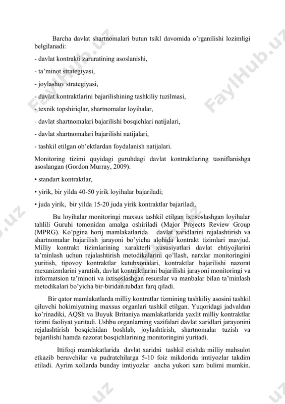 ilish zarur. rakobatbardosh davlat xaridi tizimi bozor ikisodiyotining ajralmas kismi xisoblanadi va bozor iktisodiyoti bilan birgalikda rivojlanadi. davlat mablag’larini boshkarish sohasida byudjet mablaglarini samarali foydalanish to’g’risidagi turli mamlakatlarda ishlab chikilgan kontseptsiyalar, yangi yondoshuvlar davlat xaridi bilan bog’liq. davlat xaridini tashkil etishda aqsh tajribasini tahlil qiladigan bo’lsak, aqsh hukumati mudofaani ta’minlashga, ta’limga, shifoxonlar, yo’l qurilishi va boshqa umumjamiyat ehtiyojlarni moliyaviy ta’minlash uchun davlat xarajatlarni amalga oshiradi. aqshda shtatlar hukumati va mahalliy o’z- o’zini boshqarish organlari tovarlar va xizmatlar sotib olish uchun federal hukumatga nisbatan ham ko’proq xarajatlarni amalga oshiradi. federal hukumat ijtimoiy to’lovlari, o’z ichiga, ijtimoiy ta’minot va ishsizlik nafaqasini oladi. tovarlar va xizmatlar xaridining katta qism federal hukumat tomonidan amalga oshiriladi va ushbu xarajatlarning yirik ulushi mudofaa ehtiyojlari uchun amalga oshiriladi. shtatlar hukumatlari va o’z-o’zini boshqarish organlari tomonidan tovar va xizmatlar xaridi, aksincha ta’lim, yo’l qurilishi, shifoxonalar ta’minotiga sarflanadi. umuman, davlat sektori mamlakatda ishlab chiqarilgan mahsulotning qariyb 20 foizini xarid …