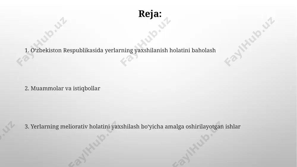 h uchun erlarning meliorativ holatini yaxshilash bo'yicha takliflar ishlab chiqildi, bunda 10 yil ichida 40% gacha samaradorlik oshishi kutilmoqda. o'zbekiston respublikasidagi erlarning meliorativ holatini baholash natijalari 15% erlarning suvga to'yinish darajasi pastligini, 30%ida esa tuproq sho'rlanishi kuzatilganini ko'rsatdi. tuproq unumdorligining pasayishi sabablari suv resurslaridan noto'g'ri foydalanish, ayniqsa, sug'orishning ortiqcha miqdori tuproqning sho'rlanishiga va botqoqlanishiga olib keladi, bu esa 25% gacha unumdorlikni yo'qotishiga sabab bo'ladi. o'zbekistonning 20% dan ortiq qishloq xo'jaligi yerlarida tuproq eroziyasi kuzatilmoqda, bu unumdorlikning pasayishiga olib kelmoqda va hosildorlikni 15-20% ga kamaytirmoqda. muammolarning hal etilishida qiyinchiliklar malakali muhandis va agronomlarning yetishmasligi (20% ga yaqin kamchilik), shuningdek, zamonaviy texnologiyalarni qo‘llash bo‘yicha tajribaning yetarli emasligi meliorativ ishlar samaradorligini pasaytirmoqda. davlat byudjetidan ajratilayotgan mablag‘larning yetarli emasligi (taxminan 15% kamligi) va xususiy sektorning jalb qilinish darajasining pastligi tuproq unumdorligini oshirish jarayonini sekinlashtirmoqda. yerlarning shoʻrlanishi va shoʻrlash jarayonlarini nazorat qilish shoʻrlangan yerlarni yaxshilashda, gipslash, drenajlash va tuproq tuzilmasini yaxshilash kabi usullar samaradorligi 60% …