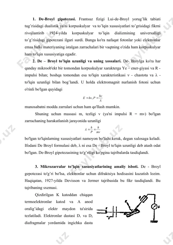 lar yordamida ingichka dasta yordamida kr kirstallga undan sochilgan elektronlar esa ionzatsion kamera (ik) ga tushadi. ionizatsion kamerada vujudga kelgan tok galvanometr yordamida o'lchanadi. tajribada ionizatsion kamerani siljitish yordamida turli burchaklar ostida sochilgan elektronlarni qayd qilish imkoniyati mavjud edi. tajribalar natijasi shuni ko'rsatdiki, sochilish burchagining o'zgarishi bilan ionizatsion kameradagi tok kuchi monoton ravishda o'zgarmaydi, balki bir qator maksimumlar kuzatiladi. keyinchalik, elektronlar difraktsiyasi boshqacha usullar bilan o'tkazilgan tajribalarda ham kuzatiladi. xususan p.s.tartakovskiy ham tomson va reyd juda yupqa metall folga (zar) orqali o'tish jarayonida vujudga kelgan elektronlar difraktsiyasini tekshirdilar. 4. geyzenbergning aniqmaslik ifodasi. ma'lumki zarachalarni koordinata va tezlik parametrlarni orqali xarakterlash mumkin. bu parametrlar orasida munosabatni geyzenberg tomonidan aniqlangan. v tezlik bilan tirqish tomon uchib borayotgan zarrachalarning tirqishdan o'tish paytida ox o'q yo'nalishida oladigan vaziyati tirqishning kengligi qadar aniqlik bilan belgilanadi deyishimiz kerak bo'ladi. elektron bilan o'q yo'nalishidagi vaziyatini aniqlashdagi qiymatini δx bilan begilasak, δx = d bo'ladi. agar markaziy maksimumga …