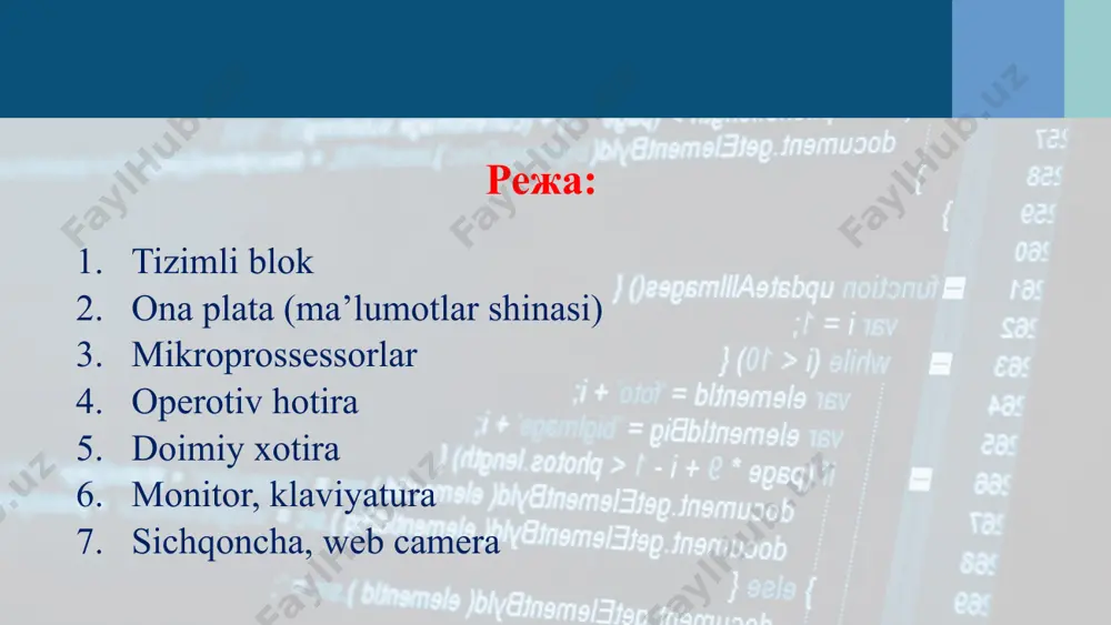 bo’lib, kilobayt (kb), megabayt (mb), gigabayt (gb)larda o’lchanadi. operativ xotira 2 ta asosiy xarakteristikaga ega. ular operativ xotira hajmi va shu xotira ishlaydigan chastota miqdori hisoblanadi. doimiy xotira (bios - basic input-output system – kiritish va chiqarishning baza tizimi) kompyuterdagi asosiy dasturlar to’plamini saqlovchi mikrosxemadir. vazifasi, kompyuter jihozlarini ishlashini tekshirish, operatsion sistemaning boshlang`ich yuklanishini ta’minlash, qurilmalarga xizmat ko’rsatish kabi asosiy funksiyalarni bajarish uchun ishlatiladi. monitor kompyuterdagi matn va grafik ma’lumotlarni tasvirlash qurilmasi. monitor oq-qora va rangli turlarga ega. monitorlar oddiy, ya`ni elektron-nur trubkali hamda suyuq kristalli (lcd) bo`ladi. monitor grafik yoki matn holatida ishlashi mumkin. matn holatida belgi o’rinlari deyiluvchi alohida qismlarga, grafik holatida esa piksel nomli nuqtalarga bo’linadi. klaviatura. klaviatura foydalanuvchi tomonidan ma'lumotlarni va boshqaruv buyruqlarini kompyuterga kiritishga mo’ljallangan qurilmadir. kompyuter ekrani bo’ylab kursorning erkin harakatlantirishni ta’minlovchi, oyna tugmalarini, menyu bandlarini, buyruqlarini tez tanlash va ishga tushiruvchi dasturlarni boshqarish manipulyatoridir. veb-kamera. internet orqali bir kompyuterda harakatlarni suratga olib, boshqa …