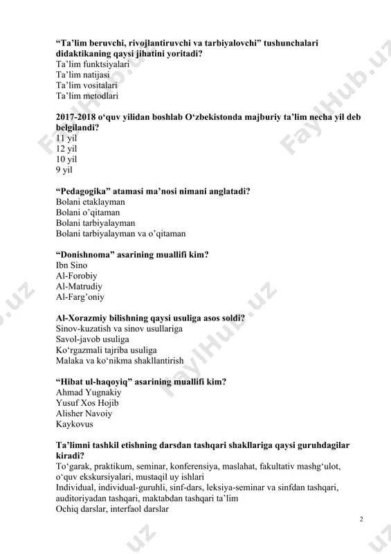 kil etishning darsdan tashqari shakllariga qaysi guruhdagilar kiradi? to‘garak, praktikum, seminar, konferensiya, maslahat, fakultativ mashg‘ulot, o‘quv ekskursiyalari, mustaqil uy ishlari individual, individual-guruhli, sinf-dars, leksiya-seminar va sinfdan tashqari, auditoriyadan tashqari, maktabdan tashqari ta’lim ochiq darslar, interfaol darslar differensiyalangan, individuallashtirilgan ta’lim “men farzand tarbiyasida davlatni boshqarishdan ko‘ra chuqurroq mushohada, undan ham chuqurroq donishmandlik kerakligiga ishonch hosil qildim” – degan ibora muallifi kim? amir temur zahiriddin muhammad bobur abdulla avloniy ulug‘bek o‘quvchilarning bilim, ko‘nikma va malakalarini tekshirish quyidagi funksiyalarni bajaradi nazorat qilish, o‘qitish, tarbiyalash, rivojlantirish umuminsoniy, gumanistik, demokratik bilim berish, tarbiyalash, rivojlantirish o‘qitish, tashkil etish, tizimlash qadim zamonlardan mavjud bo‘lgan o‘qitishning eng qadimgi shakli – bu: individual sinf-dars ma’ruza-seminar laboratoriya o‘quvchilarning mayli, qiziqishi va qobiliyatini hisobga olib tash-kil etiladigan o‘quv faoliyatini tashkil etish shakli ... deb ataladi. tabaqalashgan ta’lim individual ta’lim tushuntiruvchi-namoyish etuvchi ta’lim muammoli ta’lim didaktika – bu ... ta’lim nazariyasi rivojlantirish nazariyasi tarbiya nazariyasi ta’lim va tarbiya nazariyalari didaktika deb nimaga …