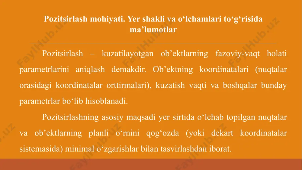 berilgan; yer yuzining ba’zi nuktalarida geoid bilan ellipsoidning farki 150 m dan oshmaydi. shuning uchun geodeziyada yer aylanma ellipsoid shaklida deb kabul kilinadi. xar bir davlatda geodezik ishlar uchun ma’lum kattalikdagi yer ellipsoidi kabul kilingan bulib, bunga referens-ellipsoid deyiladi. referens-ellipsoid –o‘lchamlari aniqlangan va yer sirtida ma’lum holatda orientirlangan (joylashtirilgan) ellipsoiddir. boshqacha qilib aytganda, bunday ellipsoidning sirti geoid sirti bilan faqat yerning qaysidir bir qismida eng mos keladi, ya’ni referens-ellipsoidning shakli alohida davlat yoki bir qancha davlatlarning hududlari uchun mos keladigansirt hisoblanadi. odatda, referens-ellipsoidlar mamlakat hududida yagona koordinatalar sistemasini joriy etish va geodezik o‘lchashlarni ishlab chiqish uchun qonun bilan rasmiylashtirilgan holda qabul qilinadi. bugungi kunga qadar ayrim mustaqil davlatlar hamdo‘stligi (mdh) mamlakatlarida, jumladan o‘zbekistondakrasovskiy referens-ellipsoidi qabul qilingan. krasovskiy referens-ellipsoidi kartografiyada koordinatalarning vertikal o‘qini x bilan, u bilan esa – koordinatalarning gorizontal o‘qini belgilash qabul qilingan a = 6 378 245 m; b = 6 356 863 m; α = 1/298,3; pulkovo …