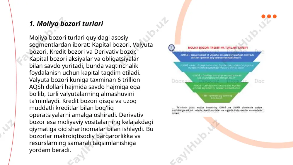 uchun yoʻnaltiruvchi hisoblanadi. 2023-yil oktabr holatiga koʻra, asosiy foiz stavkasi 14% atrofida edi. bozor asosiy qarz va depozit stavkalaridan tashkil topgan. tijorat banklari odatda jismoniy shaxslar uchun yillik depozitlar boʻyicha 16-20% gacha va kreditlar boʻyicha esa yillik 20-25% oraligʻida foiz taklif qilishadi. bu raqamlar bozordagi likvidlik darajasi va inflyatsiya koʻrsatkichlari bilan chambarchas bogʻliq. ... t.me/slaydai_bot 7. sug'urta bozori sug'urta bozori o'zbekistonda barqaror o'sish ko'rsatmoqda. 2022-yilda sug'urta mukofotlari hajmi 28% ga oshgan va 2,5 trillion so'mga yetgan. bozorning asosiy segmentlari ichida hayot sug'urtasi o'sib bormoqda va umumiy mukofotlarning 35% ni tashkil etadi. 27 sug'urta kompaniyasi faoliyat yuritmoqda, ularning 11 tasi hayot sug'urtasi xizmatlarini taklif qiladi. aholining sug'urta qamrovi darajasi esa 0,3% ni tashkil etadi, bu esa xalqaro standartlarga qaraganda past ko'rsatkichdir. 2023-yilning dastlabki yarim yilligida sug'urta bozori yana 15% o'sish bilan 2,9 trillion so'mga yetishi kutilmoqda, bu o'sib borayotgan talab va yosharish islohotlari bilan bog'liq. ... t.me/slaydai_bot moliya bozori iqtisodiyotda muhim …