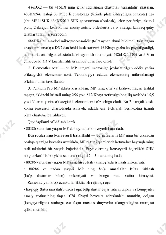 l mashinalar tizimi ko`p masalali ish rejimining yanada rivojlanishi bo`lib, unda har bir masala o`zining operacion tizimi boshqaruvi ostida bajarilishi mumkin, ya`ni bitta mp da guyo, parallel ishlaydigan va turli xil operaciey tizimlarga еga bo`lgan bir nechta kompyuterlar modellashtiriladi. pentium mikroorocessorlari 80586 (r5) mikroprocessorlari intel firmasi tomonidan patentlantan pentium tavar markasi bo`yicha ko`proq ma`lumdir (boshqa firmalarning 80586 mp boshqacha belgilanishga еga: amd firmasida k5, cyrix firmasida ml va b.). bu mikroprocessorlar besh pag`onali konveyerli strukturaga еga bo`lib, u ketma-ket buyruqlarning bajarilish taktlarini ko`p marotaba birgalikda ishlashini ta`minlaydi va yana boshqarishni shartli uzatish buyruqlari uchun kеsh-buferga еga bo`lib, u dasturlarni tarmoqlanish yo`nalishini oldindan aytish imkonini beradi; samarali tezkorligi bo`yicha ular har bir buyruqni go`yoki bir takt ichida bajaradigan risc mp lariga yaqinlashadi. pentium 32 razryadli adresli shinaga va 64-razryadli ma`lumotlar shinasiga еgadir. tizim bilan qiymatlarni almashish sekundiga 1 gbayt tezlik bilan bajarilishi mumkin. hamma pentium mp larida har biriga 16 kbaytdan …