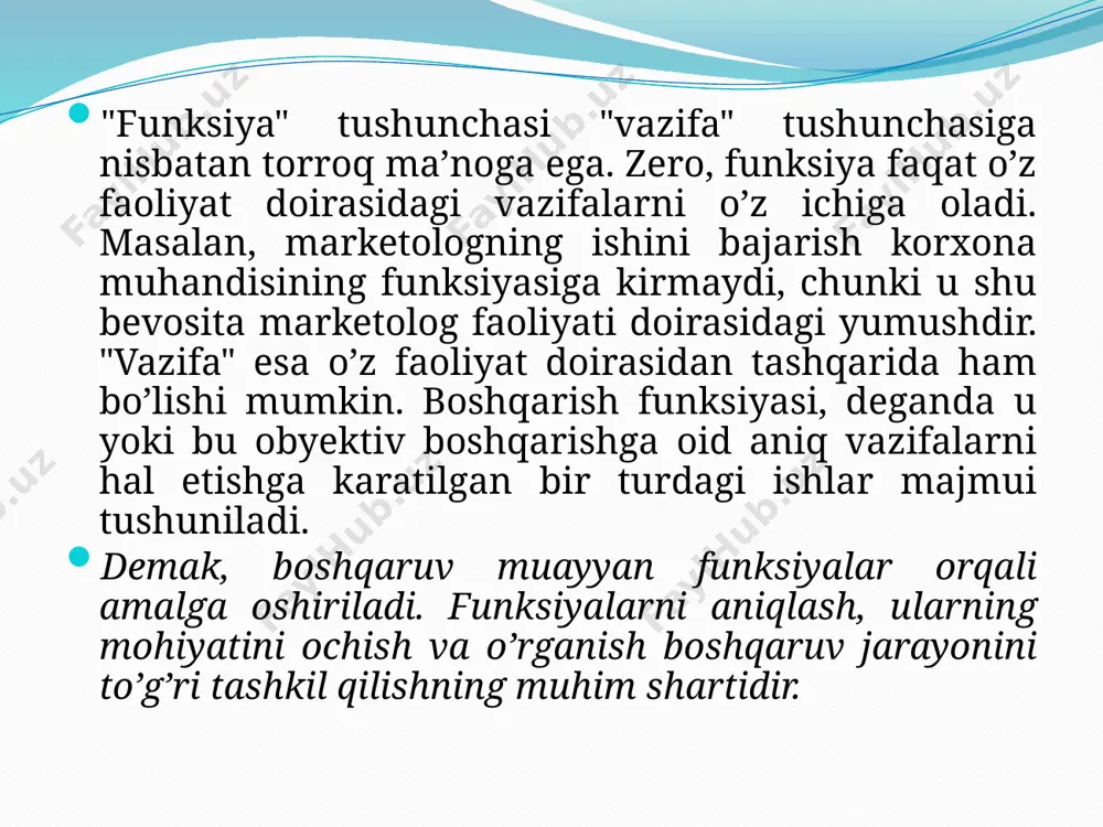 ish; * iqtisodiy matematik yondashuv; * kuzatish; * eksperiment * ijtimoiy kuzatuv kabi tahlilning ilmiy usullari tushuniladi. ta’sir ko’rsatish nuqtai nazardan uslub deganda, menejment funksiyalarini amalga oshirish uchun boshqaruv obyektiga ta­‘sir o’tkazish usullari tushuniladi. bunday usullarga quyidagilar kiradi: * funksional tizimosti obyektlarini boshqarish usuli; * menejment funksiyalarini bajarish usullari; * menejment qarorlarini qabul qilish usullari . har xil yondashuvlar, yo’llar yordamida amalga oshiriladigan turli-tuman boshqaruv ishlarining majmui — menejmentnin aniq va o’ziga xos usullari, deb yuritiladi. shunday qilib, menejment usullari — boshqarish maqsadlariga erishish usullar yig’indisidir. boshqarish usullari ishlab chiqarish yoki xizmat ko’rsatish jarayonidagi mavjud munosabatlardan obyektiv tarzda kelib chiqadi. masalan: funksional tizimosti bo’limlarni boshqarish usuli boshqariladigan obyektlarning tuzilishi bilan bog’liq bo’lib, uning tarkibidagi bo’limlarni boshqarishda qo’llaniladigan o’ziga xos usullarni o’z ichiga oladi. ularni quyidagi tizimosti bo’limlar misolida ko’rish mumkin. “ishlab chiqarish bo’limi” : * mahsulotni pishiq (ishonchliligini) tahlil qilish; * mahsulot sifatini nazorat qilish; * omilli tahlil; * funksional …