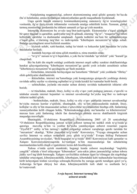satishini barchamiz chuqur anglab olishimiz va shundan xulosa chiqarishimiz zarur”. bu xususida xalqaro press-klubda mintaqaviy aksilterror tuzilma (maat) ijroiya qo‘mitasi direktori evgeniy sisoevning so‘zlariga ko‘ra, maat o‘zbekiston bilan o‘zaro ishonch va yordamga asoslangan aloqalarni o‘rnatgan. xalqaro press-klubda bo‘lib o‘tgan ko‘p tomonlama hamkorlik masalalariga bag‘ishlangan navbatdagi yig‘ilish zamonaviy tahdidlar sharoitida asosiy masalalardan biri axborot xavfsizligi, kiberxavfsizlik masalasi ekanini ta’kidladi. «kibermaydonlar xalqaro terrorchi tashkilotlar a’zolarining o‘z maqsadlariga erishish uchun qulay imkoniyatlar yaratmoqda. bu yo‘nalishda ko‘p ishlarni amalga oshiryapmiz, bu borada hamkorlik chora-tadbirlari ishlab chiqilgan. biz terrorchilikka qarshilik qilish maqsadida aksilterror o‘quv mashqlarini o‘tkazyapmiz. xitoy tomon bu masalalarga katta e’tibor qaratmoqda va ko‘plab qiziq takliflar kiritmoqda. aprel oyida shanxayda ajoyib seminar bo‘lib o‘tdi. unda kiberterrorizm masalasiga bag‘ishlangan uchrashuvlar o‘tkazildi. bu mazmunda janob mirziyoevning takliflari juda o‘rinli», — qo‘shimcha qiladi e.sisoev. “kibermakon”da din niqobidagi “kiberhujum”lar tahdidi: din niqobi ostidagi ekstremistik saytlarda asosan davlat to‘ntarilishi va xunrezlik urushlari haqida gap boradi. bugungi kunda dunyoda eng …