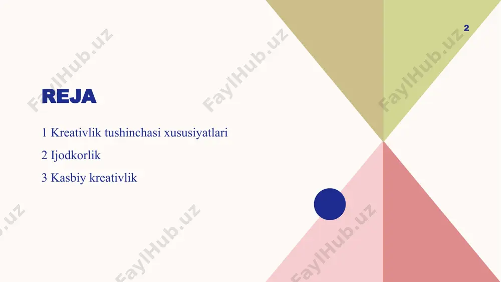uditoriyada ulardan samarali foydalanishlari uchun imkoniyat yaratish kasbiy kreativlik 7 kasbiy kreativlik o’zi nima kasbiy kriativlik soha egasi o’zining sohasida yetarlicha bilimga ega bo’lgan holatda bu bilimlarni yanada kengaytira olishi, o’zi ustida ishlashi va muamolarga yengil qarashi va yechim topishi. o’z g’oyalarini kasbiga yo’naltira olgan inson o’z kasbida kreativ hisoblanadi kasbiy kreativlik bugungi kunda dolzarb mavzu. o’zbekistonda ham kasbiy kreativ insonlar qadrlanadi. hozirgi kunga kelib kadrlar masalasi ularning bozor raqobatiga bardoshli qilib yetishtirish uchun talim dargohlarida ham kreativ talabalarni aniqlash kabi ishlar amalga oshmoqda bunga misol qilib xakatonlar va shunga o’xshash tadbirlarni misol qilib aytsak bo’ladi etiboringiz uchun rahmat ! image13.jpg image14.jpg image1.png image2.svg image3.png image4.svg image11.png image12.svg .msftofcthm_accent1_fill_v2 { fill:#f5cdce; } .msftofcthm_accent3_fill_v2 { fill:#aac3e8; } /docprops/thumbnail.jpeg