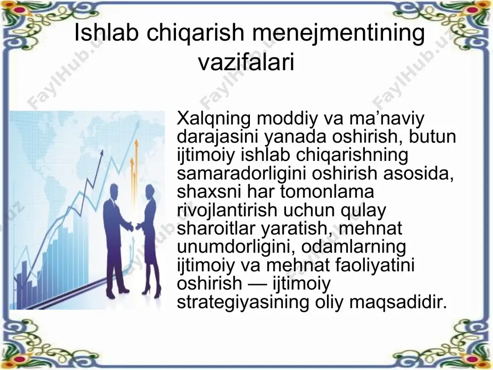 rish; — mehnat jamoasining ijtimoiy rivojlanishi va tabiiy atrof-muhitni muhofaza qilish. maqsadli kichik sistemaning bu besh komponentlarini amalga oshirilishi ishlab chiqariladigan mahsulot va bajariladigan xizmatlar raqobatbardoshligiga erishishga strategik va taktik jihatdan ijobiy ta’sir ko‘rsatadi.