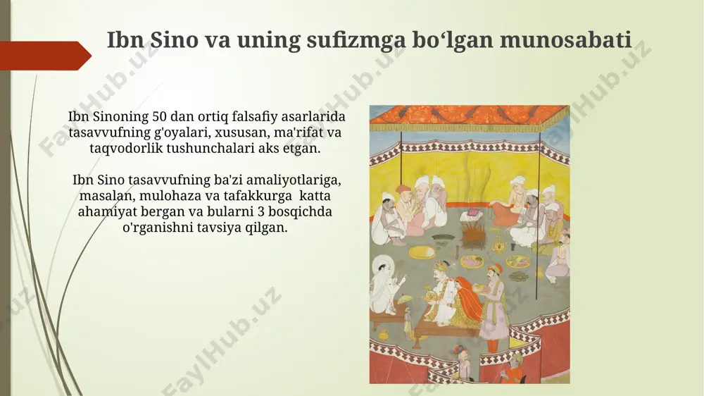 urg'u berib, matematikada 3, 7, 12 kabi muqaddas sonlarni o'rganishga turtki bergan. sufizmning ilmiy merosdagi aks ettirishining umumiy tahlili sufizmning ilmiy merosdagi aks ettirilishi, taxminan 11-13-asrlardagi mutafakkirlarning falsafiy va ilmiy traktatlarida, ayniqsa, matematik, astronomik va tibbiyotdagi yutuqlar orqali kuzatiladi. ibn sina, al-farobi kabi mutafakkirlarning 20 dan ortiq asarlarida sufizmning ontologik va epistemologik tamoyillari, tafakkur va idrok jihatlari bayon etilgan. nasafining sufizmga oid asarlari va fikrlari насафийнинг 12 та асосий асарида суфийлик таълимотининг ҳаётга татбиқига оид 30 дан ортиқ ҳукмларни учратиш мумкин. насафийнинг "мадорикул-фалоҳ" каби асарларида тасаввуф ахлоқий тарбия ва ижтимоий адолатга боғлиқ 5 та муҳим аспектга эътибор қаратилган. e'tiboringiz uchun rahmat @taqdimot_robot image1.jpg image2.jpg image3.jpg image4.jpg image5.jpg image6.jpg image7.jpg image8.jpg image9.jpg image10.jpg image11.jpg image12.jpg