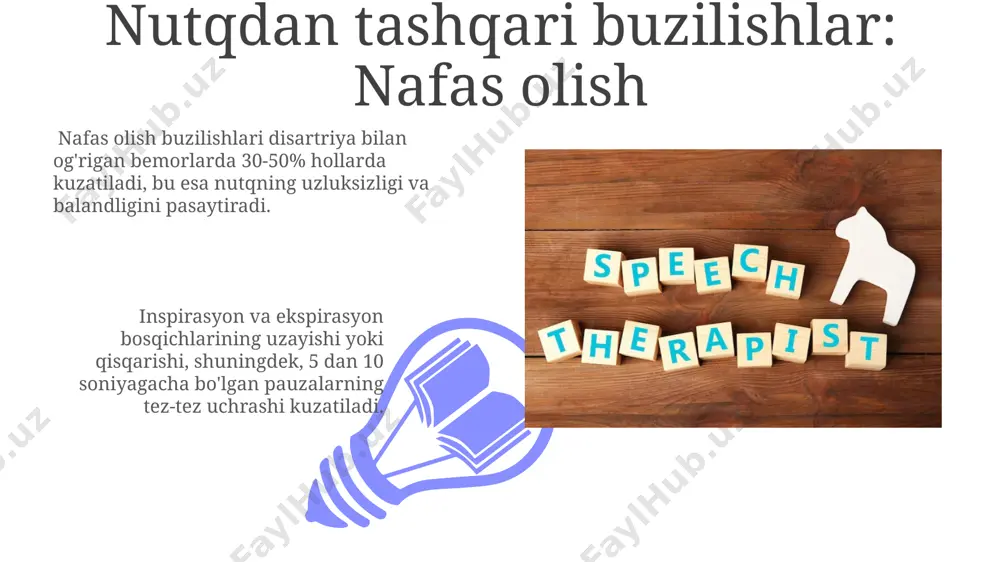 70% ga yaqin flaksid va spastik dizarteriyali bemorlarda kuzatiladigan asosiy prozodik buzilishlardan biridir. diagnostika usullari patsientning nutqini 5 ballik shkala bo'yicha baholash, falaj darajasini aniqlash va miometriya natijalarini tahlil qilish tashxisni aniqlashtirishga yordam beradi. dizartriyaning 6 ta asosiy turini aniqlash uchun audio-video yozuvlarni tahlil qilish, artikulyatsiya harakatlarini baholash va standartlashtirilgan testlardan foydalanish muhimdir. nutqdan tashqari buzilishlar: ovqat hazm qilish 01 02 nutqdan tashqari buzilishlarning 30% ga yaqini ovqatlanish bilan bog'liq bo'lib, bu disfagiya deb ataladi va qattiq va suyuq ovqatlarni yutish qiyinchiliklarini o'z ichiga oladi. sales 1st qtr 2nd qtr 100 0 sales 1st qtr 2nd qtr 100 0 nutq buzilishlari: til ifodasi disartriya turiga qarab, soʻz uzunligi va murakkabligi nutq ritmini, ovoz balandligini va intonatsiyani 10-50% ga pasaytirishi mumkin. nutq buzilishlarining 30% dan ortigʻi artikulyatsiya qiyinchiliklariga, masalan, fonema almashinuvi, qoʻshimcha tovushlar va soʻzlarning buzilishiga bogʻliq. simptomatikasi: asosiy belgilar afaziya bilan birga keladigan holatlarda, dizziness, bosh aylanishi va taxikardiya kabi …