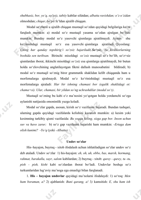 ye, keldingizmi!? 6) ishonchsizlik: be, qo‘ysang-chi bu gapingni; 7). achinish, norozilik: obbo, yana ish pachava, deng; 8) norozilik: e, qo‘ying-ye; 9) mamnunlik: ehe, ishlar joyida-ku! kabilar shular jumlasidandir. 2. buyruq-xitob undovlari biror ish-harakatni bajarishga undash yoki harakatdan to‘xtatish, tinchlantirish uchun qo‘llanadi. bu tur undovlardan pish-pish (mushukni), beh-beh, tu-tu-tu (tovuqni), bah-bah (itni) kabi undovlar hayvon va qushlarni chaqirish uchun, hayt (hayvon-larni), pisht (mushukni), kisht (tovuqni), chuh (otni), xix (eshakni), qurey-qurey (qo‘yni) kabi undovlar hayvon va qushlarni haydash uchun ishlatilsa, dirr, tak (otni), xush, xuush (sigirni), huk (hukizni), ishsh (eshakni), chix (tuyani) kabi undovlar hayvonlarni harakatdan to‘xta-tish, tinchitish yoki harakatga undash uchun ishlatiladi. yuqoridagilardan tashqari, ko‘rsatishni ifodalovchi huv, hu kabi so‘zlar, urf-odat bilan bog‘liq: assalomu alaykum, vaalaykum assalom, hormang, bor bo‘ling, rahmat, tashakkur, balli, barakalla, ofarin kabi so‘zlar ham undovlardir. nutqda ba’zi mustaqil so‘zlar o‘z ma’nosini yo‘qotgan holda undovga ko‘chishi mumkin: kel, bir miriqib dam olaylik. undovlarda morfologik usul bilan so‘z yasalish …