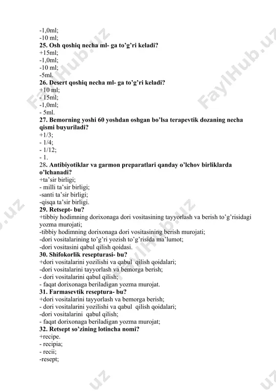 ia; - recii; -resept; 33. retsept so’zining qisqartirilgan shakli +rp; -rs; -rt; - rd. 34. basis- bu +asosiy dori moddalari; - yordamchi dori moddalari; - to’ldiruvchilar ; -qo’shimcha moddalar. 35. adjuans- bu +yordamchi dori moddalari; - asosiy dori moddalari; -to’ldiruvchilar; -qo’shimcha moddalar. 36. corrigens- bu +mazasini yoki xidini yahshilash; -doriga quyuqlik , zichlik beradigan moddalar; -asosiy dori moddasi; -to’ldiruvchilar. 37. signa- bu + belgila ma’nosini bildiradi; -ber ma’nosini bildiradi; -aralashtir ma’nosini bildiradi; -qorishtir ma’nosini bildiradi. 38. retsept blankasining o’lchami? + 205x48. -10x48; -70x148; -80x105; 39. retseptning yirtma korishogi o’lchami? +70x148; -10x48; -80x105; -205x48. 40. retsept qanday vaziyatlarda berish ta’qiqlanadi? + narkoz vositasi sifatida ishlatiladigan dori vositalarga , mazkur nizomning 5-ilovasiga muofiq, bir biriga nomutanosib dori vositalari ro’yhatida ko’rsatilgan dori vositalariga; -uhlatuvchi sifatida ishlatiladigan dori vositalariga; -narkoz vositasi sifatida ishlatiladigan dori vositalariga; -kasalligi surunkali bo’lgan bemorlarga. 41. tarkibida kuchli ta’sir etuvchi moddalar bo’lgan dori-darmonlar qaysi ro’yhatga kiradi? + “b” ro’yhatga; - …