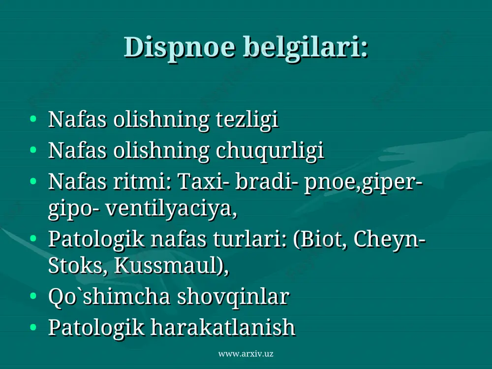 s yetishmovchiligi www.arxiv.uz www.arxiv.uz uchrashi o`pka-bronx kasalliklarida 34% gacha www.arxiv.uz www.arxiv.uz o`tkir nafas yetishmovchiligi mns, mushaklar, kasalliklarida, rivojlanish nuqsonlarida: tyun, o`pka, ko`krak qafasi trn da www.arxiv.uz www.arxiv.uz anatomik va fiziologik xususiyatlar 7 yoshgacha bronxiolalar mushaklari kam rivojlangan balg`am ishlab chiqaruvchi bezlar faol bronxlar bo`shlig`i tor = nafas yo`llarida qarshilik yuqori www.arxiv.uz www.arxiv.uz moyillik obstrukciyaga yo`talga hansirashga ko`krag qafasida qisilish taxipnoega www.arxiv.uz www.arxiv.uz klinik manzarasi cianoz, hansirash, qo`shimcha mushaklar coquettish, o`tirgan holdagi vaziyati, giperkapniya oqibatidagi (40-50 mm sim. ust) mns da buzilishlar: bosh miya qon tomirlarini kengayishi, bosh og`rigi, periferik qon tomirlarini torayishi va oyo`q-qo`llarini sovub qolishi www.arxiv.uz www.arxiv.uz hansirash respirator viruslar bronxial astmani ilk ko`rinishida tashxislash qiyin, davolash murakab www.arxiv.uz www.arxiv.uz epidemiologiyasi hayotining dastlabki oylarida hansirash xos emas 2 – 5 oylarda eng ko`p uchraydi rsv bilan aloqador birlamchi va ikkilamchi turlari mavjud www.arxiv.uz www.arxiv.uz xurujlar orasidagi davr xususiyatlari fizikal ko`rsatkichlar normal bolaning hissiyoti normal xurujlar takrorlanib tursa bronxial astma …