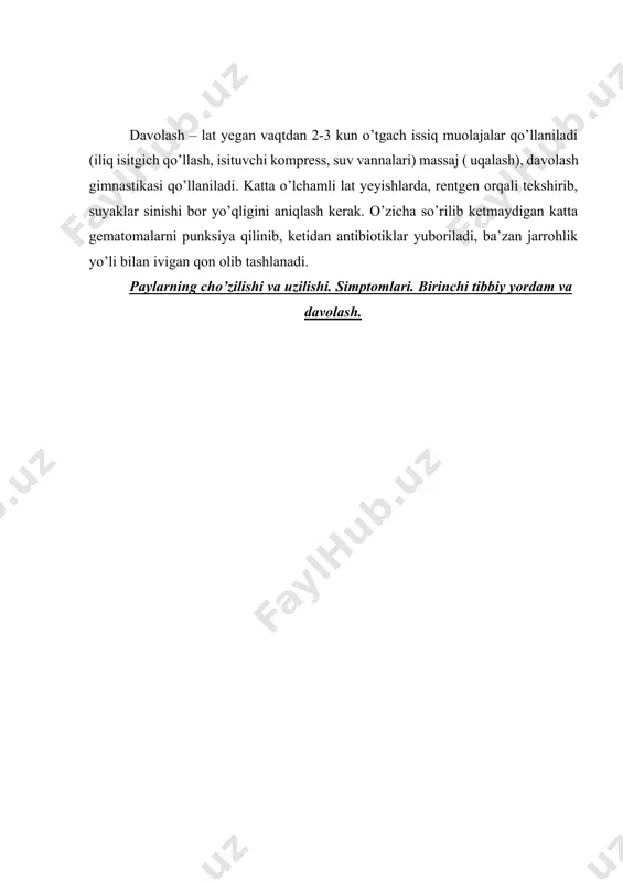 n joyida va muskulning uzilgan joyida kuchli og’riqni bo’lishi; · bo’g’imni o’rab turgan to’qimalarga qon quyilishi, yoki bo’g’im bo’shlig’iga qon quyilishi ( gemartroz) oqibatida shikastlanish joyi atrofida gematoma va shish paydo bo’lishi; · bo’g’im qo’l yoki oyoq harakati funksiyasini buzilishi, shikast-langan muskulning funksiyasini buzilishi. ko’pincha bloksimon bo’g’imlarning (boldir-tovon, tizza, bilak-panja) kamroq sharsimon bo’g’imlarning boylamlari zararlanadi. birinchi tibbiy yordam shikastlangan joylarni tinchlantirgan holatda siqib bog’lash, shina yoki qo’l ostidagi materiallar bilan harakatni chegaralab, qimirlatmaslik (immobilizatsiya qilish), kuchli og’riq bo’lganda shprits yordamida og’riq qoldiruvchi vositalarni in’eksiya qilish, shikastlangan joyga sovuq jism yoki muzqo’yish va o’z vaqtida tibbiy muassasalarga evakuatsiya qilish. tibbiy muassasada shikastlangan joyga tinch holat yaratib beriladi. i darajali uzilishda 7-10 kun, ii darajada 21 kun, iii darajada 4-6 haftacha immobilizatsiya qilish tavsiya etiladi. shikastlangan joyni immobilizatsiya qilish shinalar, mahkamlovchi bog’lamlar va gipsli longetlar yordamida amalga oshiriladi. muskul, pay va bo’g’imlarning to’liq uzilishi ro’y berganda jarrohlik yo’li bilan tikib qo’yiladi. keyinchalik …