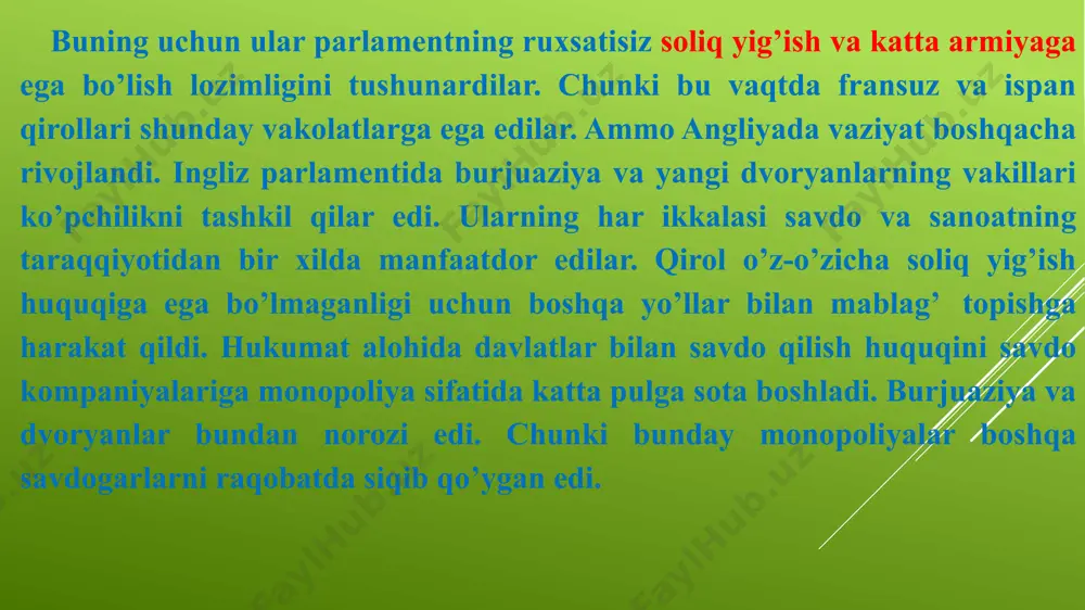 ini tugatish maqsadida qo’yi palataning daholarini hibsga olish uchun qurolli otryad yubordi. ammo ular yashirinishga ulgurdilar. 1642 yil yanvarida qirol mamlakatning feodal tuzum kuchliroq bo’lgan shimoliy hududlariga chekinishga majbur bo’ldi. parlament ham kurashga tayyorlanib, armiya tashkil qila boshladi. 22 avgustda qirol parlamentga urush e’lon qildi shimoliy va g’arbiy grafliklar qirol tarafida bo’ldilar. ular iqtisodiy va siyosiy jihatdan qoloq rayonlar bo’lib, iqtisodiy jihatdan rivojlangan janubi-sharq, shimol va markazning sanoatlashgan rayonlari va flot parlament tomonida turdi. qirolga qarshilik ko’rsatish markazi london shahri edi. ingliz cherkovi qirol tomonida, puritanlar esa parlament tomonida turdilar. asosan dvoryanlardan tashkil topgan qirol tarafdorlari «kavalerlar» deb, parlament tarafdorlari esa «yumaloqboshlilar» deb ataldi. kurash boshida qirol tarafdorlari ustunlikka ega edilar, chunki parlament armiyasi nihoyatda yomon tashkil qilingan edi. bundan tashqari parlament tarafdorlari orasida yakdillik yo’q edi. parlamentda asosiy rol presviterianlarga tegishli bo’lib, ular boy savdogarlar, monopolistlar, bankirlar va yangi dvoryanlardan chiqqan yirik yer egalaridan iborat edi. ular inqilobning dastlabki …