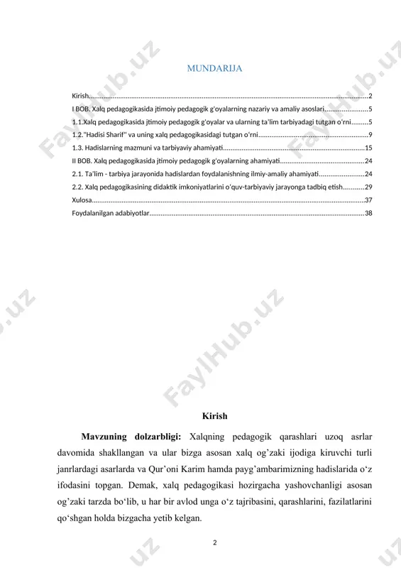 va jamiyatdagi har bir voqea-hodisa, predmet, ko‘rinish qisqasi jonli jonsiz neki bor, undan mukammal foydalanadi. xalq pedagogikasida ishontirish, isbotlash, ta’sir, ibrat namunasi, tajriba natijalari, tasdiqlash kabilar tarbiyada muhim o‘rin tutadi. masalan, dov-daraxt, tog’-tosh, parranda-darrandalarga bag’ishlangan folklor namunalari bularning zaminida ekologik tarbiya yotadi. o‘zbek xalq pedagogikasida sevgi, oila, bolalar haqidagi qarashlar ko‘p yillik tajriba ta’sirida shakllangan. bu tushunchalarning qonun va qonuniyatlarida pedagogik va amaliyotda sinalgan tarbiya normalari qoidalar,o‘z aksini topgan. xalq pedagogikasida oila inson hayotida eng asosiy tarbiya omili sifatida ko‘riladi. oila jamiyat negizidir. oila bolalarga ta’sir etish usullari, odat-an’analarini aniqlashi kerak. u dam olish tartibini, bolalarning mehnat va o‘quv mashg’ulotlarini belgilashi lozim. shuningdek, oila ota-ona va bolalar orasidagi o‘zaro munosabatlarning eng qulay me’yorlarini ishlab chiqadi. chunki bola o‘zini qiziqtirishgan masalalar bo‘yicha eng avvallom bor o‘z ota-onasi, eng avvalo onasi bilan o‘rtoqlashadi. bu yerda oila a’zolari orasidagi munosabatlar amalga oshadi, hamda ota-onaning tarbiyaviy vazifalari aniqlanadi. oila va oilaviy tarbiyaning u yoki …