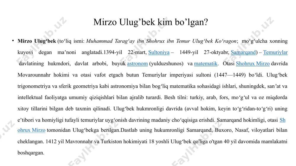 e’tibor va olimlarni qo‘llab-quvvatlash edi. bu esa temuriylar davlatining umumiy taraqqiyotiga katta hissa qo‘shgan. siyosiy hayotidagi murakkabliklarga qaramasdan, ulug‘bek davlat arbobi sifatida adolatli va ilmu ma’rifatni qadrlaydigan rahbar sifatida tanilgan. shu bilan birga, uning hukmronligi oxirida siyosiy mojarolar tufayli uning o‘zi ham og‘ir sinovlarga duch kelgan. samarqand hukmdori sifatidagi faoliyati ulug‘bekni nafaqat temuriylar davrining, balki o‘rta osiyo tarixining eng yorqin shaxslaridan biriga aylantirdi. mirzo ulug‘bekning samarqand hukmdori sifatidagi faoliyati ko‘plab tarixiy voqealar va yutuqlar bilan boy. uning davlat arbobi sifatidagi faoliyatini quyidagicha tahlil qilish mumkin: 1. ilm-fanga e’tibor va ulug‘bek rasadxonasi mirzo ulug‘bek hukmronligining eng yirik yutuqlaridan biri – samarqandda qurilgan ulug‘bek rasadxonasi edi. 1424–1429-yillarda qurilgan ushbu rasadxona o‘sha davrning eng ilg‘or astronomik markazi bo‘lib, unda ulug‘bek va uning jamoasi tomonidan yaratilgan "ziji ko‘ragoniy" asari yozilgan. ushbu asar 1018 ta yulduzning aniq koordinatalarini o‘z ichiga oladi va bir necha asr davomida dunyo astronomiyasida asosiy qo‘llanma bo‘lib xizmat qilgan. 2. madaniyat …