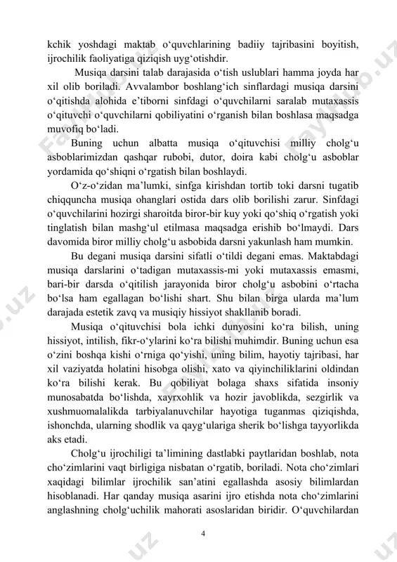 siyot shakllanib boradi. musiqa o‘qituvchisi bola ichki dunyosini ko‘ra bilish, uning hissiyot, intilish, fikr-o‘ylarini ko‘ra bilishi muhimdir. buning uchun esa o‘zini boshqa kishi o‘rniga qo‘yishi, uning bilim, hayotiy tajribasi, har xil vaziyatda holatini hisobga olishi, xato va qiyinchiliklarini oldindan ko‘ra bilishi kerak. bu qobiliyat bolaga shaxs sifatida insoniy munosabatda bo‘lishda, xayrxohlik va hozir javoblikda, sezgirlik va xushmuomalalikda tarbiyalanuvchilar hayotiga tuganmas qiziqishda, ishonchda, ularning shodlik va qayg‘ulariga sherik bo‘lishga tayyorlikda aks etadi. cholg‘u ijrochiligi ta’limining dastlabki paytlaridan boshlab, nota cho‘zimlarini vaqt birligiga nisbatan o‘rgatib, boriladi. nota cho‘zimlari xaqidagi bilimlar ijrochilik san’atini egallashda asosiy bilimlardan hisoblanadi. har qanday musiqa asarini ijro etishda nota cho‘zimlarini anglashning cholg‘uchilik mahorati asoslaridan biridir. o‘quvchilardan musiqa ritmi tuyg‘usini tarbiyalash ishiga ta’limning dastlabki paytlaridan kerakli darajada e’tibor berish haqiqiy sozandani shakllantirish uchun zamin yaratadi. o‘quvchi musiqa ritmi, o‘zlashtirmasdan turib, kelajakda sozanda sifatida shakllanishi mumkin emas. umumta`lim maktablarida o‘tilayotgan fanlar ichida o‘zining qiziqarliligi, badiiy va estetik tarbiya berishi, o‘quvchilarga …