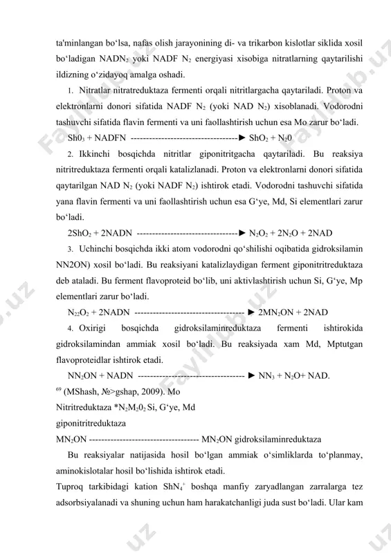 minreduktaza bu reaksiyalar natijasida hosil bo‘lgan ammiak o‘simliklarda to‘planmay, aminokislotalar hosil bo‘lishida ishtirok etadi. tuproq tarkibidagi kation shn4+ boshqa manfiy zaryadlangan zarralarga tez adsorbsiyalanadi va shuning uchun ham harakatchanligi juda sust bo‘ladi. ular kam yuviladi va natijada tuproqda to‘planadi. bu kationlarni o‘simliklar osonlik bilan o‘zlashtiradi. chunki ular tezlik bilan organik moddalar tarkibiga o‘tishi mumkin.70 umuman ammoniy tuzlari holatida o‘zlashtirilgan yoki nitratlarning qaytarilishi natijasida hosil bo‘lgan ammiak ketokislotalar bilan reaksiyaga kirishib, aminokislotalar hosil qiladi: qismlarida xam aminokislotalar sintezi amalga oshishi mumkin. oddiy sharoitda ammiakni azot saqlovchi organik birikmalarga aylanishining asosiy yo‘li aminokislotalar xosil bo‘lishi xisoblanadi. aminokislotalar biosintezining asosiy yo‘li uning ketokislotalar bilan birikmalar xosil qilishidir. ammiakning ketokislotalar bilan birikish reaksiyalari bevosita aminlanish deyilib, bu o‘simliklarda aminokislotalar xosil bo‘lishining asosiy yo‘li sanaladi. bevosita aminlanish. bevosita aminlanishda aminokislotalar sintezi 2. aminokislotalar sintezining yo‘llari (bevosita aminlanish va qayta aminlanish) o‘simliklarning yer ostki qismlaridan tashqari, ularning yer ustki ikki fazada amalga oshadi: 1) ammiak bevosita …