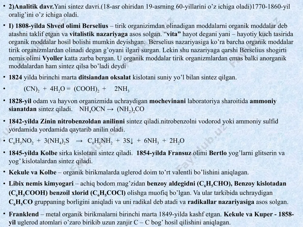 on bog'lanishli birikmalar bo'lib, ular suvda ionlarga oson parchalanadi va ular orasida reaksiyalar tez boradi. organik birikmalar orasidagi reaksiyalar esa sekin boradi, ba'zilari faqat katalizator ishtirokida ketadi. ko'pgina organik birikmalar orasidagi reaksiyalar oxirigacha bormaydi, ya'ni reaksiya mahsulotining unumi yuz foiz bo'lmaydi. 4. organik birikmalar molekulasida turli funksional gruppalar va bog'lanishlarning mavjudligi hamda reaksiyaning borish sharoiti (temperatura, reagentning konsentratsiyasi, katalizator) bir vaqtning o'zida bir nechta parallel va ketma-ket reaksiyalarning sodir bo'lishiga imkon yaratadi. 5. anorganik birikmalar turi 400 000 dan ortiq bo`lsa, organik birikmalar juda ko'p (hozirgacha 10 mln. dan ortiq) va turli-tumandir. bunga sabab, birinchidan, uglerod atomlarining bir-biri bilan o'zaro birikib uzun uglerodli ochiq va halqali zanjir hosil qilish xususiyati bo'lsa, ikkinchidan, organik birikmalarda izomeriya hodisasining keng tarqalganligidir. organik birikmalar hammasi yonadi va co2 va h2o hosil qiladi. anorganik birikmalarni ko`pchiligi esa yonmaydi. izomeriya hodisasi. izomeriya terminini fanga 1830-yilda berselius kiritgan. izomeriya mohiyatini 1864 – yilda butlerov o’zining tuzilish nazariyasini …