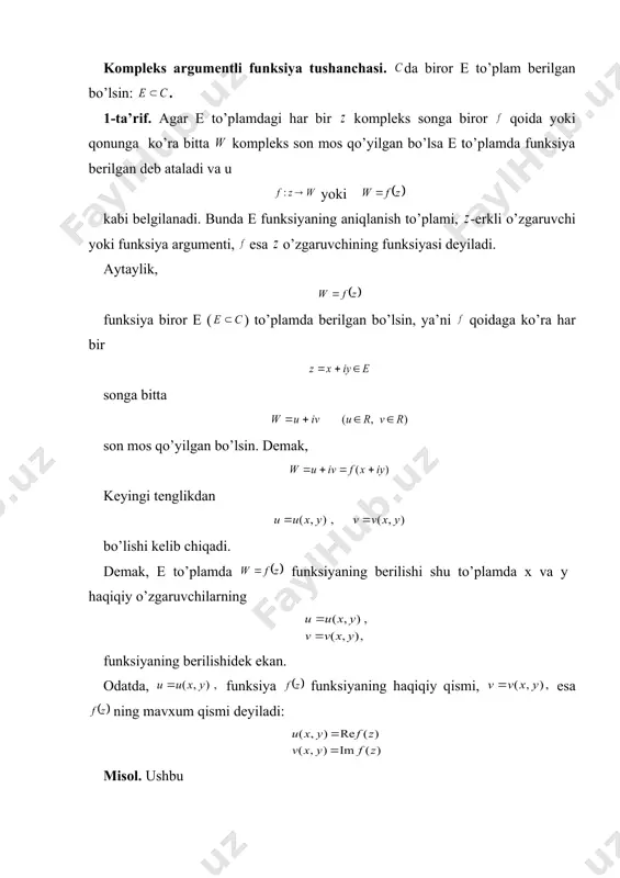 e to’plamda funksiyaning berilishi shu to’plamda x va y haqiqiy o’zgaruvchilarning funksiyaning berilishidek ekan. odatda, funksiya funksiyaning haqiqiy qismi, esa ning mavxum qismi deyiladi: misol. ushbu funksiyaning haqiqiy va mavxum qismlarini toping. embed equation.3 embed equation.3 demak, embed equation.3 embed equation.3 erkli o’zgaruvchi e to’plamda o’zgarganda funksiyaning mos qiymatlaridan iborat to’plam bo’lsin. odatda, bu to’plam funksiya qiymatlari to’plami deyiladi. demak, e to’plamda funksiyaning berilishi oxy-kompleks tekislikdagi f to’plamga aks ettirishdan iborat ekan. shu sababli funksiyani e to’plamning f to’plamga akslantirish deb ham yuritiladi. faraz qilaylik, funksiya to’plamda berilgan bo’lib, bo’lsin. so’ngra to’plamda o’z navbatida biror funksiya berilgan bo’lsin. natijada, e to’plamdan olingan har bir z ga f to’plamda bitta w son ( ) va f to’plamdan olingan bunday w songa bitta son mos qo’yiladi: demak, e to’plamdan olingan har bir z ga bitta son mos qo’yilib, funksiya hosil bo’ladi.bunday funksiya murakkab funksiya deyiladi va kabi belgilanadi. funksiya e to’plamda berigan …