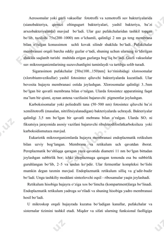 an. karboksisomalar yoki poliedralli tana (50–500 nm) fotosintez qiluvchi ba’zi xemilitotrofli (masalan, nitrifitsiyalanadigan) bakteriyalarda uchraydi. bakteriyalar qalinligi 3,5 nm bo‘lgan bir qavatli mebrana bilan o‘ralgan. ularda so2 ni fiksatsiya jarayonida asosiy vazifani bajaruvchi ribulozodifosfatkarboksilaza yoki karboksidismutaza mavjud. eukariotik mikroorganizmlarda hujayra membranasi endoplazmatik retikulum bilan uzviy bog‘langan. membrana va retikulum uch qavatdan iborat. pereplazmatik bo‘shliqqa qaragan yuza qavatida diametri 11 nm bo‘lgan bittadan joylashgan subbirlik bor; ichki sitoplazmaga qaragan tomonda esa bu subbirlik guruhlangan bo‘lib, 2–5 va undan ko‘pdir. ular fermentlar kompleksi bo‘lishi mumkin degan taxmin mavjud. endoplazmatik retikulum silliq va g‘adir-budir bo‘ladi. unga tashkiliy moddani sintezlovchi oqsil - ribosamalar yaqin joylashadi. retikulum hisobiga hujayra o‘ziga xos bo‘limcha (kompartment)larga bo‘linadi. endoplazmatik retikulum yadroga so‘riladi va shuning hisobiga yadro membranasi hosil bo‘ladi. u mikroskop orqali hujayrada kuzatsa bo‘ladigan kanallar, pufakchalar va sisternalar tizimini tashkil etadi. miqdor va sifati ularning funksional faolligiga bog‘liq. sisternalar oziq muhiti zaxirasini tashkil etuvchi vakuolalarni, xususan markaziylarini ham …