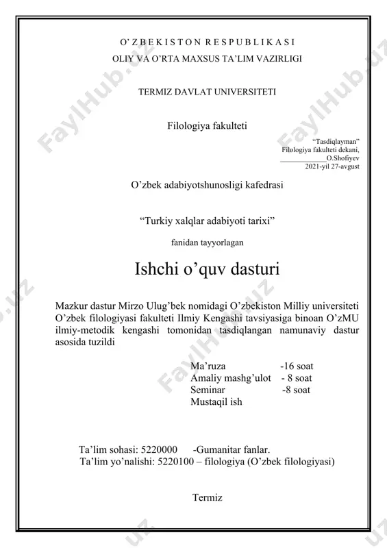 beriladi. fan zamonaviy pedagogik texnologiyalarining turli metodlari orqali o’tkaziladi. “turkiy xalqlar adabiyoti tarixi” kursi bo’yicha ma’ruza soatlari taqsimoti № mavzu nomlari hamda ichki nazorat turlari dars soati 1 “turkiy xalqlar adabiyoti tarixi” maqsadi va vazifalari. turk adabiyoti 2 2 xii –xx asr turk adabiyoti 2 3 ozarbayjon adabiyoti 2 4 xx asr ozarbayjon adabiyoti 2 5 qozoq adabiyoti 2 6 xx asr qozoq adabiyoti 2 7 qirg’iz adabiyoti haqida haqida umumiy ma’lumot 2 8 turkman adabiyoti haqida umumiy ma’lumot 2 j a m i 18 soat fanning nazariy mashg’ulotlari mazmuni r e j a: 1. turkiy xalqlar adabiyoti” to’g’risida umumiy ma’lumot. 2. “ “turkiy xalqlar adabiyoti” kursining qismlari 3. “turkiy xalqlar adabiyoti”ning jahon madaniyatiga qo’shgan hissasi. “turkiy xalqlar adabiyoti tarixi” o’zbek, turk, ozarbayjon, qozoq, qirg’iz, turkman kabi xalqlar adabiyoti bilan aloqadorligi. “turkiy xalqlar adabiyoti tarixi” talabalarga turkiy xalqlar madaniyati, badiiy tafakkuri haqida ma’lumot berishi. turk, ozarbayjon, qozoq, qirg’iz va turkman …