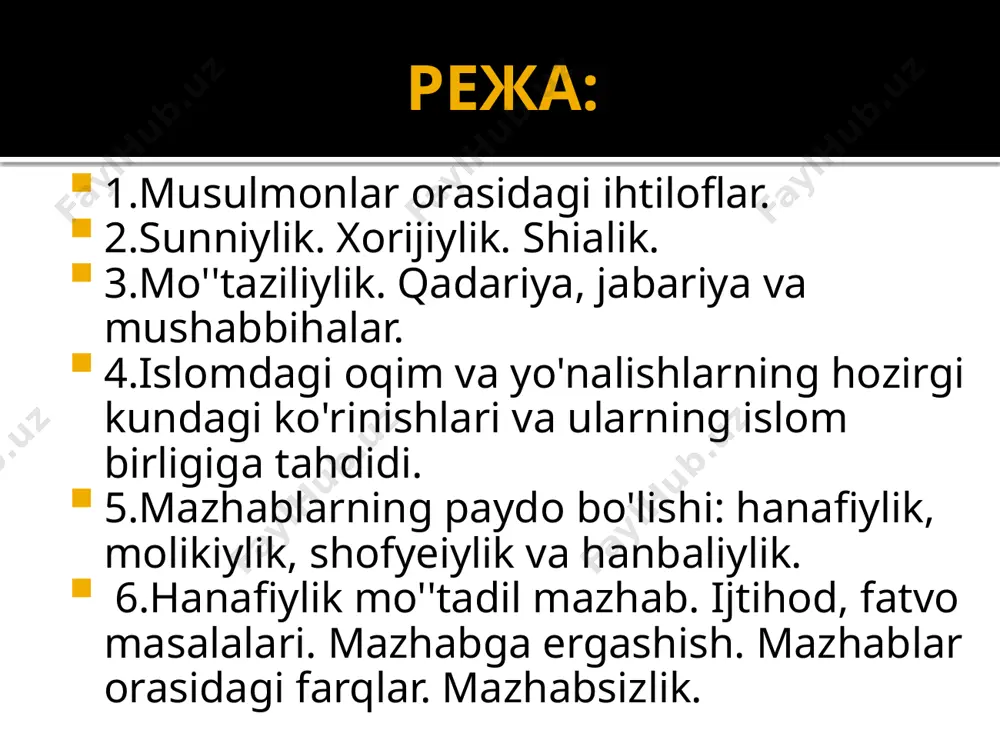 nniylik (ahli sunna val–jamoa) 657 yilgi voqyealar va ularning natijasida kyelib chiqqan firqabozlik sharoitida ham o'rta yo'lni tutgan davlat rahbarlariga qarshi bormagan o'zlarini sunnatga amal qiladigan va jamoatdan ajralmaydiganlar guruhi dunyo musulmonlarining 92,5 foizini tashkil etadi. xorijiylik hazrat alining yon byerganidan norozi bo'lgan 12 ming askari bo'ysunishdan bosh tortib, harura nomli qishloqqa kyetdilar bu guruh kyeyinchalik «xorijiylar» (yoki al–havorij, horijiya) dyeb ataldi ularning nomi ilk to'plangan joylariga nisbat byerilib, «haruriya» dyeb ham ataladi xorijiylik ta'limoti 1 ular gunohkorni «kofir» dyeb e'lon qildilar. shunga ko'ra halifa usmonni abu bakr va umar yo'lidan yurmagani uchun kofir dyeyishadi 2 «zolim» podshohga qo'lda qilich bilan qarshi chiqishni diniy vazifa (vojib) dyeb biladilar. 3 –halifalikka har qanday odam, quraysh qabilasidan yoki arab bo'lishligidan qat'i nazar, musulmonlar tomonidan saylanishi mumkin. 4 namoz, ro'za, zakot va boshqa amallarni imonning bir bo'lagi, dyeb hisoblaydilar. shialik siffin jangi natijasida haruriylar bilan dyeyarli bir paytda o'zini “shiatu ali” (alining guruhi) …