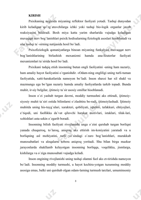 . inson ongining rivojlanishi uning tashqi olamni faol aks et-tirishda namoyon bo`ladi. insonning moddiy turmushi, u hayot kechira-yotgan tuzumning moddiy asosiga emas, balki uni qurshab olgan odam-larning turmush tarzlari, umuminsoniy qiyofalari, dunyoqarashi, maslagi, ijtimoiy voqelikka munosabatlari, intilishlari, ijod mahsullari va xatti-harakatlarining majmuasidir. insonning borliqni aks ettirishi faol jarayondir. insonning rivojlanishi obyektiv borliqqa va o`ziga faol ta`sir ko`rsatishida sodir bo`ladi. o`yinni kuzatishi, mehnati, o`qishi, adabiy asarni mutolaa qilishi, qiziqishining barqarorlashuvi va boshqalar shaxs-ning psixik rivojlanishini ifodalaydi. psixologiyaningan`anaviy, empirik metodlari to hozirgi kun-gacha muvaffaqiyatli qo`llanilmoqda. kuzatish metodi. psixologiya fanida bu metodning obyektiv (tashqi) va subyektiv (o`zini o`zi) kuzatish turlari mavjud. inson psixikasidagi o`zgarishlarni kuzatish uchun quyidagilar amalga oshi- riladi: kuzatishning maqsadi, vazifasi belgilanadi; kuzatiladigan obyekt tanlanadi; sinaluvchining yoshi, jinsi, kasbi aniklanadi; tadqiqot o`tkazish vaqti rejalashtiriladi; kuzatish qancha davom etishi qat`iylashtiriladi; kuzatish insonning qaysi faoliyatida (o`yin, o`qish, mehnat va sportda) amalga oshirilishi tavsiya qilinadi; kuzatishning shakli (yakka, guruh, jamoa bilan o`tkazilishi) ta- yinlanadi; …
