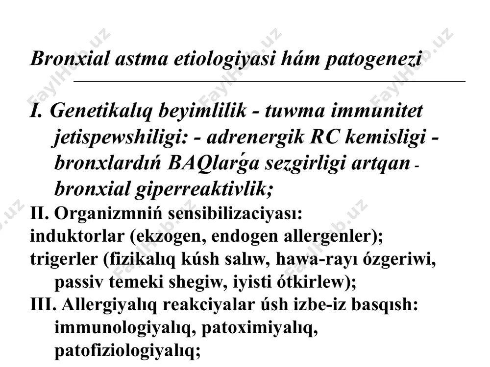 keńeyiwine, dem alıw amplitudasınıń kemeyiwine alıp keledi. nawqaslar tekserilip kórilgende perkussiya sesiniń quti túrindegi, ókpeniń tómengi shegaralarınıń tómenlewi, olardıń hárekecheńliginiń shekleniwi, uzayǵan dem shıǵarıw fonında kóp muǵdardaǵı qurǵaq sızıqlar anıqlanadı. tutılıwdıń biyikliginde taxikardiya, arterial basımnıń kóteriliwge tendenciyası anıqlanadı, rentgen tekseriwinde: ókpe tkanınıń tınıqlıǵı hám ókpe súwreti kúsheygenligi kórinedi. úlken jastaǵı balalarda bronxial astmanıń pristuplı dáwirinde bronxial ótkiziwshiliktiń buzılıwı, ásirese, bronxlar tegis bulshıq etleriniń spazmı menen, olardıń isik qabatı hám shilekey islep shiǵarıwınıń ortasha kórinisinde kelip shıǵadı. usı ózgeshelikler sebepli úlken jastaǵı balalarda bronxial astmanıń tipik háwij alıw dáwiri baqlanıp, auskultaciyada kóp muǵdardaǵı qurǵaq sirildilar anıqlanadı. klinikası xurujınıń ózgeshelikleri: qobırǵalar aralıǵınıń tartılıwı; ústingi hám tómengi omiraw oyıqlardıń kóteriliwi; perkutorlı - qutı dawısı auskultativ - dem alıwdıń tómenlewi, dem shıǵarıwda diffuz tarqalǵan qupıq ısqırǵan sırıldilar; kishi jastaǵı balalarda - dem alıwda hár qıylı kalibrli ıǵallı sırıldilar; taxikardiya, ab kóteriliwi, qarın awırıwı, qusıw; erte jastaǵı balalardaǵı allergiyalıq astma pristupı bronxlar silekey qabatınıń kúshli …