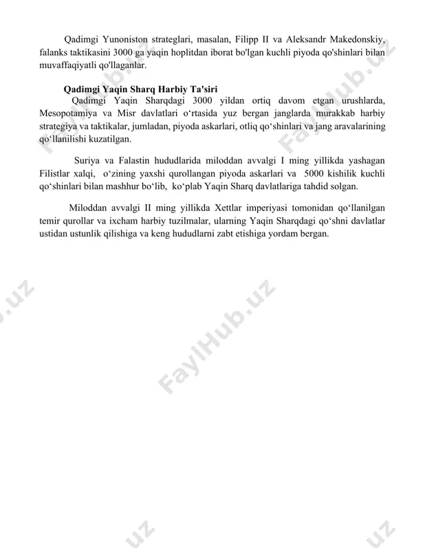 tezkor hujumlar va partizan urushlari orqali rim imperiyasiga qarshi kurash olib borgan. rim legionlari, 5000 ga yaqin askardan iborat bo'lgan murakkab manevrlar va kuchli himoyani birlashtirgan legion taktikasi bilan g'arbiy evropani zabt etgan. qadimgi yunoniston strateglari, masalan, filipp ii va aleksandr makedonskiy, falanks taktikasini 3000 ga yaqin hoplitdan iborat bo'lgan kuchli piyoda qo'shinlari bilan muvaffaqiyatli qo'llaganlar. qadimgi yaqin sharq harbiy ta'siri qadimgi yaqin sharqdagi 3000 yildan ortiq davom etgan urushlarda, mesopotamiya va misr davlatlari o‘rtasida yuz bergan janglarda murakkab harbiy strategiya va taktikalar, jumladan, piyoda askarlari, otliq qo‘shinlari va jang aravalarining qo‘llanilishi kuzatilgan. suriya va falastin hududlarida miloddan avvalgi i ming yillikda yashagan filistlar xalqi, o‘zining yaxshi qurollangan piyoda askarlari va 5000 kishilik kuchli qo‘shinlari bilan mashhur bo‘lib, ko‘plab yaqin sharq davlatlariga tahdid solgan. miloddan avvalgi ii ming yillikda xettlar imperiyasi tomonidan qo‘llanilgan temir qurollar va ixcham harbiy tuzilmalar, ularning yaqin sharqdagi qo‘shni davlatlar ustidan ustunlik qilishiga va keng hududlarni …