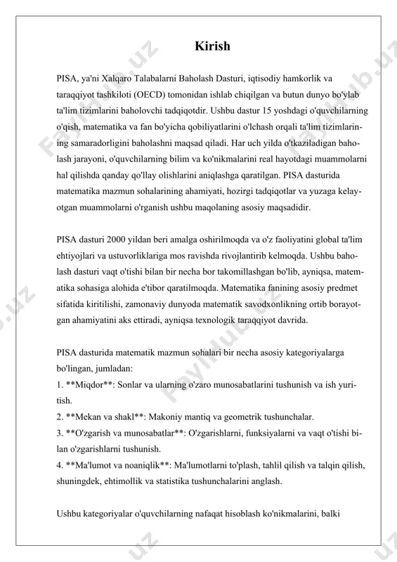 o'shliqlar mavjud. so'nggi pisa natijalari statistikalari, real hayot muammolarini hal qilish vazifalari bilan shug'ullanuvchi o'quvchilar, bu ish bilan shug'ullanmovchilar bilan taqqoslaganda, ancha yuqori ball to'plaganini ko'rsatmoqda. masalan, matematikada loyiha asosidagi o'qitishni ahamiyatini oshirgan mamlakatlar pisa baholashlarida yaxshiroq natijalar ko'rsatmoqda. keyingi tadqiqotlar, matematik ta'limda texnologiyani, masalan, raqamli vositalar va resurslardan foydalanishni o'rganishga qaratilishi mumkin. umuman olganda, pisa dasturidagi matematik mazmun sohalari, butun dunyo bo'ylab o'quvchilarning matematik savodxonligini tushunish uchun muhimdir. ta'lim doimiy ravishda rivojlanib borayotganligi sababli, pisa baholaridan olingan ma'lumotlar o'quv amaliyotlari va ta'lim siyosatini shakllantirishda yordam berishi mumkin, natijada o'quvchilarni zamonaviy dunyoning murakkabliklariga tayyorlashga hissa qo'shadi. kelajakdagi tadqiqotlar aniqlangan muammolarni hal qilish va bugungi jamiyatning haqiqatlarini aks ettiruvchi matematik o'qitishning innovatsion yondashuvlarini o'rganishga qaratilishi kerak. i. matematika ta'limida muammolarni hal qilish metodlari matematika ta'limida muammolarni hal qilish metodlari, o'quvchilarning matematik ko'nikmalarini rivojlantirishda muhim rol o'ynaydi. ushbu metodlar, o'quvchilarning matematik masalalarni hal qilish qobiliyatlarini oshirish, mantiqiy fikrlashni rivojlantirish va muammo yechish …