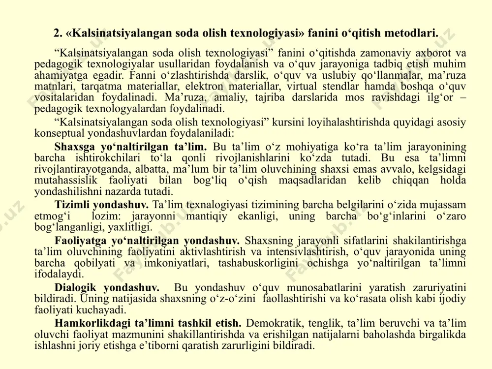 rayonining barcha ishtirokchilari to‘la qonli rivojlanishlarini ko‘zda tutadi. bu esa ta’limni rivojlantirayotganda, albatta, ma’lum bir ta’lim oluvchining shaxsi emas avvalo, kelgsidagi mutahassislik faoliyati bilan bog‘liq o‘qish maqsadlaridan kelib chiqqan holda yondashilishni nazarda tutadi. tizimli yondashuv. ta’lim texnalogiyasi tizimining barcha belgilarini o‘zida mujassam etmog‘i lozim: jarayonni mantiqiy ekanligi, uning barcha bo‘g‘inlarini o‘zaro bog‘langanligi, yaxlitligi. faoliyatga yo‘naltirilgan yondashuv. shaxsning jarayonli sifatlarini shakilantirishga ta’lim oluvchining faoliyatini aktivlashtirish va intensivlashtirish, o‘quv jarayonida uning barcha qobilyati va imkoniyatlari, tashabuskorligini ochishga yo‘naltirilgan ta’limni ifodalaydi. dialogik yondashuv. bu yondashuv o‘quv munosabatlarini yaratish zaruriyatini bildiradi. uning natijasida shaxsning o‘z-o‘zini faollashtirishi va ko‘rasata olish kabi ijodiy faoliyati kuchayadi. hamkorlikdagi ta’limni tashkil etish. demokratik, tenglik, ta’lim beruvchi va ta’lim oluvchi faoliyat mazmunini shakillantirishda va erishilgan natijalarni baholashda birgalikda ishlashni joriy etishga e’tiborni qaratish zarurligini bildiradi. muommoli ta’lim. ta’lim mazmunini muommoli tarzda taqdim qilish orqali ta’lim oluvchi faoliyatini aktivlashtirish usullaridan biri. bunda ilmiy bilimni obyektiv qarama – qarshiligi va uni hal …