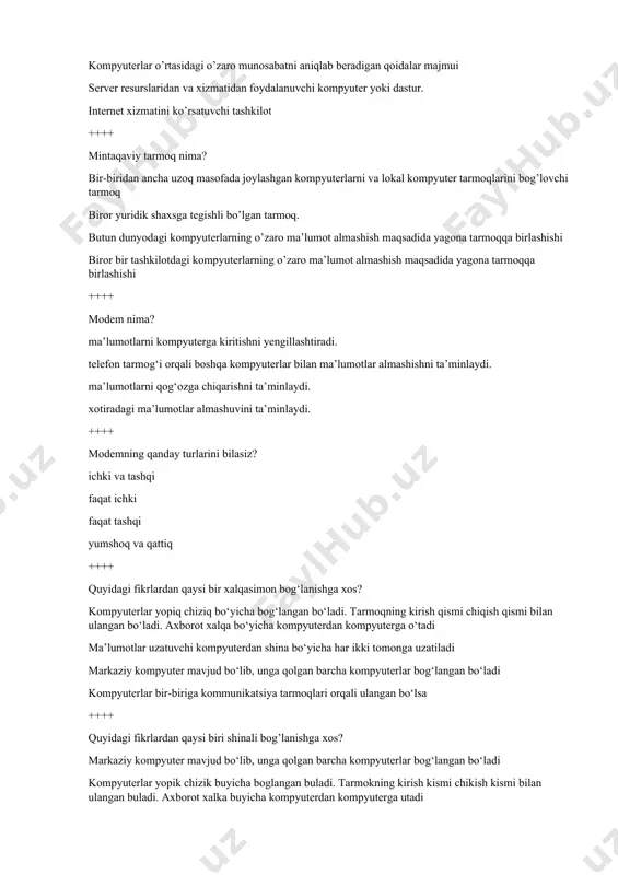 tarmog‘i orqali boshqa kompyuterlar bilan ma’lumotlar almashishni ta’minlaydi. ma’lumotlarni qog‘ozga chiqarishni ta’minlaydi. xotiradagi ma’lumotlar almashuvini ta’minlaydi. ++++ modemning qanday turlarini bilasiz? ichki va tashqi faqat ichki faqat tashqi yumshoq va qattiq ++++ quyidagi fikrlardan qaysi bir xalqasimon bog‘lanishga xos? kompyuterlar yopiq chiziq bo‘yicha bog‘langan bo‘ladi. tarmoqning kirish qismi chiqish qismi bilan ulangan bo‘ladi. axborot xalqa bo‘yicha kompyuterdan kompyuterga o‘tadi ma’lumotlar uzatuvchi kompyuterdan shina bo‘yicha har ikki tomonga uzatiladi markaziy kompyuter mavjud bo‘lib, unga qolgan barcha kompyuterlar bog‘langan bo‘ladi kompyuterlar bir-biriga kommunikatsiya tarmoqlari orqali ulangan bo‘lsa ++++ quyidagi fikrlardan qaysi biri shinali bog’lanishga xos? markaziy kompyuter mavjud bo‘lib, unga qolgan barcha kompyuterlar bog‘langan bo‘ladi kompyuterlar yopik chizik buyicha boglangan buladi. tarmokning kirish kismi chikish kismi bilan ulangan buladi. axborot xalka buyicha kompyuterdan kompyuterga utadi ma’lumotlar uzatuvchi kompyuterdan shina buyicha xar ikki tomonga uzatiladi kompyuterlar bir-biriga kommunikatsiya tarmoqlari orqali ulangan bo‘lsa ++++ quyidagi fikrlardan qaysi biri yulduzsimon bog’lanishga xos? markaziy kompyuter mavjud …