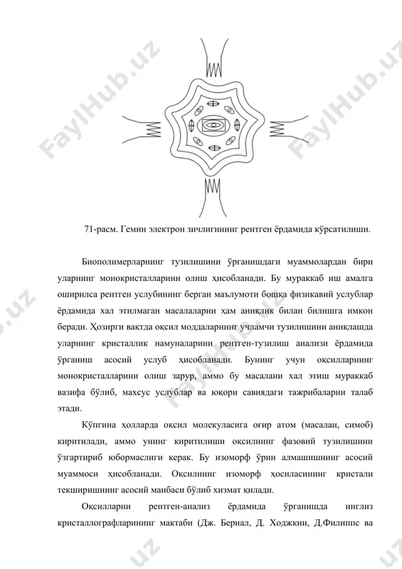 ина оқсилларнинг биологик фаоллиги ва тузилиши орасидаги боғлиқлик тўла-тўкис тасдиқланилган. шундай қилиб, тасдиқлаш мумкинки, оқсиллар қоидага биноан мустахкам фазовий тузилишга эга бўлиб, кристалл ҳолатда ҳамда эритмада аниқ параметрларга эга бўлган муҳитда ўзининг бошланғич, яъни ўзгармаган ҳолатини сақлаб қолади. инсулин оқсилининг осон кристалланиши унинг фазовий тузилишини рентген-тузилиш ёрдамида аниқлашга имкон берди. бу мураккаб тадқиқот ишини 1969 йилда д.ходжкин (буюк-британия) раҳбарлигидаги олимлар олиб бориб, иккита рух атоми тутган инсулин гексамерининг тасвирий харитасини олишди. гексамер таркибидаги инсулиннинг 6 молекуласи бир хил конформацияга эга эканлиги исботланди. днк нинг бошқа оптик услублар билан бир қаторда рентген-тузилиш анализ ёрдамида олинган маълумотлар унинг қўшалоқ спираллик тузилиши ҳақида кашфиёт яратилишига имконият яратди. днк нинг рентгенограммаси 1953 йилда олиниб, хақиқатдан ҳам унинг қўш спираллик тузилиши ҳақидаги фаразни тўла тасдақилади. пурин ва пиримидин асосларининг халқалари бир-биридан 3,4а° масофада жойлашгани, ҳамда улар жуфт спирал ўқига перпендикуляр ҳолатда эканлиги тасдиқланди. шундай қилиб, оптик услублар билан бир қаторда мураккаб тузилишли биополимерларни ўрганишда рентген-тузилиш …