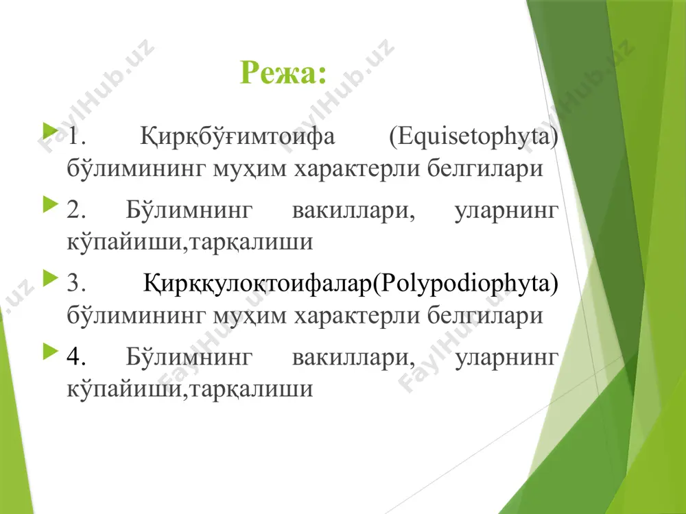 ерика қирқбўғими бўлиб, бўйи 12 м га боради, эни эса 0,5 2 см. қирқбўғим горизонтал ўсиб, жуда шохланади ва кўпинча анча ерни эгаллайдиган илдизпоя ҳосил қилади. оила. қирқбўғимдошлар-equisetaceae туркум. қирқбўғим –equisetum l. тур. дарё қирқбўғими-equisetum heleocharis l. дала қирқбўғими (equisetum arvense) ва дарё қирқбўғими (equisetum heleocharis) илдизпоялари ёрдамида вегетатив кўпаяди. ўсимлик таркибида витаминлар в ва рр, каратиноидлар сақлайди. тарқалиши ва аҳамияти торф ботқоқликларида, кўл ва дарёларнинг қирғоқларида, ўтлоқларда, денгиз сатҳидан 1000 м баландликда ўсади. россияда, кавказ, сибирда, ўрта осиёда, скандинавияда, европада, монголия, шимолий америкада тарқалган. йирик моллар учун ем саналади. ўсимликлар ичида заҳарлиси ҳам учрайди. улар, от ва қуёнлар учун заҳарли ҳисобланади. ўсимликнинг ер остки қисмидан тайёрланган қайнатмаси ревматизмда, шишларга фойдалидир. буғулар учун яхшигина озуқа хисобланади. оила. қирқбўғимдошлар-equisetaceae туркум. қирқбўғим –equisetum l. тур. катта қирқбўғим-equisetum maximum l. катта қирқбўғимнинг бўйи 15—100 см келадиган илдизпояли кўп йиллик ўсимлик. бахарги пояси йўғон, шохланмаган, қўнғир рангли. ёзги пояси хира яшил, шохланган. илдизпояларида алоҳида …