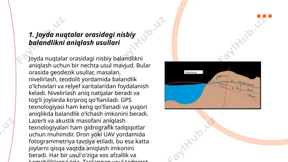 yaratish hamda suvning oqib ketishi uchun yo'llarning kerakli qiyaligini ta'minlaydi. eng kichik aniqlik uchun 0,01 metr gacha bo'lgan balandliklar farqi o'lchanishi mumkin. ... t.me/slaydai_bot oʻzbekistonda suv havzalari va daryolar balandlik oʻzgarishlari turlicha. amudaryo va sirdaryo respublikaning asosiy daryolari boʻlib, amudaryo oʻrtacha balandligi dengiz sathidan 0 metrda boshlanib 500 metrgacha yetadi. sirdaryo esa umumiy uzunligi 2,212 km boʻlib, dengiz sathidan 450 metrgacha balandlashadi. amudaryo havzasining suv yigʻilishi 309 ming kvadrat kilometrni tashkil qiladi. tojikiston bilan chegaradan oqib oʻtadigan zarafshon daryosi yuqori balandliklardan boshlanib, bu hududlarda 4000 metr balandlikka yetishi mumkin. sirdayo va amudaryo deltalari orol dengiziga kelib quyiladi, bu hududlar esa dengiz sathidan atigi bir necha metr balandda joylashgan. andijon suv ombori dengiz sathidan 900 metr balandlikda joylashgan, fargʻona vodiysi esa 300-500 metr balandda joylashgan. ... t.me/slaydai_bot 7. nisbiy balandlikning landshaftga ta'siri nisbiy balandlik landshaftga sezilarli ta'sir ko'rsatadi. tog'li hududlarda balandlik o'zgarishi iqlim, o'simlik qoplami va tuproq xususiyatlarini belgilaydi. har 100 …