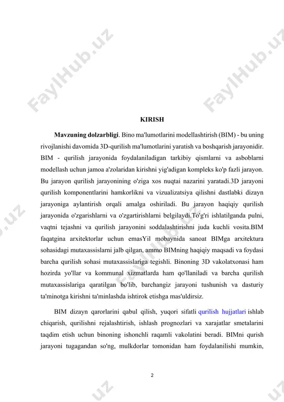 qurilishni rejalashtirish, ishlash prognozlari va xarajatlar smetalarini taqdim etish uchun binoning ishonchli raqamli vakolatini beradi. bimni qurish jarayoni tugagandan so'ng, mulkdorlar tomonidan ham foydalanilishi mumkin, binoning qanday ishlashini diqqat bilan kuzatish va ta'mirlash ishlarini samarali bajarish.bino ma'lumotlarini modellashtirish jarayoni geometriya, kosmik, yorug'lik, geografik ma'lumot, tarkibiy qismlarni va xususiyatlarini o'z ichiga oladi. bim qurilish va ob'ektlarni ishlatish jarayonlari, shu jumladan, butun binoning hayot aylanish jarayonini namoyish qilish uchun ishlatilishi mumkin. bim ilovasi jarayoni dizayni va arxitektura jarayonida yaxshi va integratsiyalashgan dizaynlar uchun ishlatiladigan aniq rasmni yaratishda foydalanish mumkin.dasturiy ta'minot turli pudratchilar o'rtasidagi muammolarni va muvofiqlashtirishni ko'zda tutadi va keyinchalik jismoniy jarayon davomida amalga oshiriladigan qurilish hujjatlari va jarayonlarini ishlab chiqarish uchun vosita sifatida foydalaniladi. bir vaqtning o'zida yoki jadvallarni siqilgan vaqtda ko'p sonli savdolar mavjud bo'lganda idealdir. sanoat guruhlari barcha turdagi modellashtirish tizimlarini birlashtirish uchun ishlatilishi mumkin bo'lgan yagona standartlangan bim modelini ishlab chiqishga harakat qilmoqda. buni amalga oshirish orqali loyiha-qurilish-ekspluatatsiya …