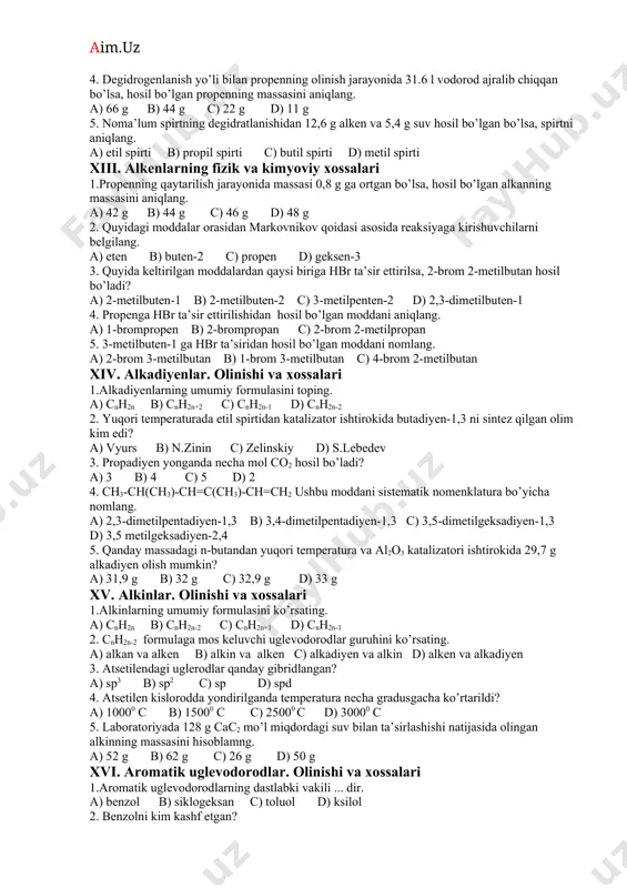 . sikloalkan laboratoriyalarda qanday olinadi? a) alkanlarni degidrogenlab olinadi b) alkanlarni gidrogenlab olinadi c) benzolni gidrogenlab olinadi d) alkanlarning digalogenli hosilalariga metallar ta’sir ettirib olinadi 4. to’yingan uglevodorodni degidrogenlanganda siklopentan hosil bo’lsa, to’yingan uglevodorodning molekular massasini hisoblang. a) 44 g b) 72 g c) 60 g d) 32 g 5. tarkibida 6 g vodorod bo’lgan siklobutan qanday hajmni (n.sh) egallaydi? a) 22,4 l b) 18,6 l c) 16,8 l d) 44,8 l x. sikloalkanlarning fizik va kimyoviy xossalari 1. sikloalkanlarning alkanlardan farqli ravishda qanday reaksiyaga kirishadi? a) birikish b) parchalanish c) almashinish d) degidrogenlanish 2. siklopropan gidrogenlanganda qaysi modda hosil bo’ladi? a) butan b) propan c) pentan d) benzol 3. siklogeksanni degidrogenlab benzolni olish reaksiyasini kim kashf etgan? a) butlerov b) zelinskiy c) zinin d) vyurs 4. siklopropandan 88 g propan olingan bo’lsa, sarflangan vodorod hajmini hisoblang. a) 22,4 l b) 44,8 l c) 33,6 l d) 11,2 l 5. …
