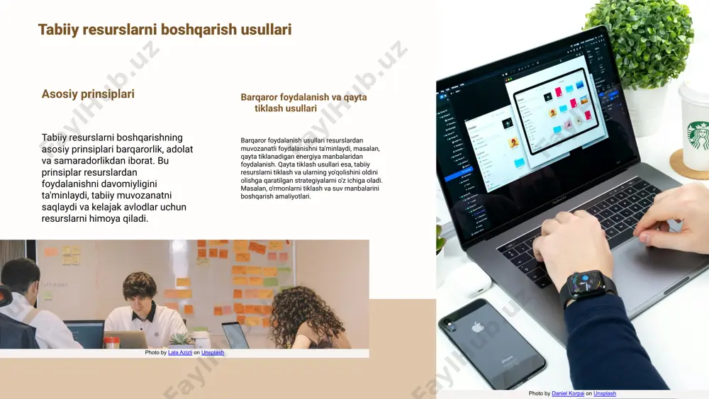 lar, shuningdek, barqarorlikka qaratilgan yondoshuvlar ishlab chiqarishni yanada samarali va ekologik jihatdan toza qilishga yordam beradi. innovatsiyalar va texnologiyalar innovatsiyalar va yangi texnologiyalar tabiiy ishlab chiqarishni samarali va barqaror qilishda muhim rol o'ynaydi. ular resurslarni tejash va ishlab chiqarishni optimallashtirishga yordam beradi. ishlab chiqarishning ekologik ta'siri tabiiy ishlab chiqarish jarayonlari tabiiy ishlab chiqarish jarayonlari ko'plab ekologik ta'sirlar keltirib chiqarishi mumkin. masalan, resurslarni qazib olish va qayta ishlash jarayonlari havo va suv ifloslanishini oshiradi, shuningdek, biologik xilma-xillikni kamaytirishi mumkin. bu ta'sirlarni kamaytirish uchun barqaror texnologiyalarni qo'llash va energiya samaradorligini oshirish zarur. kamaytirish yo'llari va tadbirlar ekologik ta'sirlarni kamaytirish uchun bir qator tadbirlar amalga oshirilishi mumkin: qayta tiklanadigan energiya manbalaridan foydalanish, chiqindilarni kamaytirish va qayta ishlashni rag'batlantirish, shuningdek, resurslarni samarali boshqarish. misol uchun, agroekologiya va organik qishloq xo'jaligi usullari atrof-muhitni muhofaza qilishga yordam beradi. photo by daniel korpai on unsplash photo by lala azizli on unsplash tabiiy resurslar turlari tabiiy resurslar energiya, …
