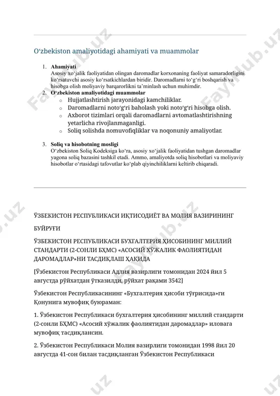 rib chiqaradi. ўзбекистон республикаси иқтисодиёт ва молия вазирининг буйруғи ўзбекистон республикаси бухгалтерия ҳисобининг миллий стандарти (2-сонли бҳмс) «асосий хўжалик фаолиятидан даромадлар»ни тасдиқлаш ҳақида [ўзбекистон республикаси адлия вазирлиги томонидан 2024 йил 5 августда рўйхатдан ўтказилди, рўйхат рақами 3542] ўзбекистон республикасининг «бухгалтерия ҳисоби тўғрисида»ги қонунига мувофиқ буюраман: 1. ўзбекистон республикаси бухгалтерия ҳисобининг миллий стандарти (2-сонли бҳмс) «асосий хўжалик фаолиятидан даромадлар» иловага мувофиқ тасдиқлансин. 2. ўзбекистон республикаси молия вазирлиги томонидан 1998 йил 20 августда 41-сон билан тасдиқланган ўзбекистон республикаси бухгалтерия ҳисобининг миллий стандарти (2-сон бҳмс) «асосий хўжалик фаолиятидан даромадлар» (рўйхат рақами 483, 1998 йил 26 август) ўз кучини йўқотган деб топилсин. 3. мазкур буйруқ расмий эълон қилинган кундан эътиборан кучга киради. вазир д. кучкаров тошкент ш., 2024 йил 14 июнь, 132-сон ўзбекистон республикаси иқтисодиёт ва молия вазирининг 2024 йил 14 июндаги 132-сон буйруғига илова ўзбекистон республикаси бухгалтерия ҳисобининг миллий стандарти (2-сонли бҳмс) «асосий хўжалик фаолиятидан даромадлар» 1-боб. умумий қоидалар 1. мазкур бухгалтерия ҳисобининг …