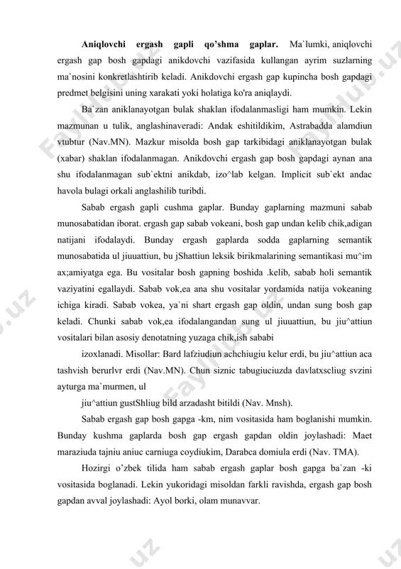 omiula erdi (nav. tma). hozirgi o’zbek tilida ham sabab ergash gaplar bosh gapga ba`zan -ki vositasida boglanadi. lekin yukoridagi misoldan farkli ravishda, ergash gap bosh gapdan avval joylashadi: ayol borki, olam munavvar. ergash gapning kesimi buyruk, maylidagi fe`l shakli oilan ifodalanadi. bosh gap bilan -ki (-nim) vosit shakliy sintagmatik munosabatda buladi: mazlumga baxshayish korguzki, zalimdiun asayish kvrgey-sen (nav.mk,). to’siqsizlik ma`nolarini ifodalashda ergash gap tarkibidagi agar, agarchi boglovchilari katta rol` uynaydi. shu bilan birga, denotatlar tarkibidaga ayrim leksik vositalar ham axamiyatli hisoblanadi. bunday gaplarda bir paytning uzida ikki xil munosabat, ya`ni, ham shart munosabati, ham tusiksizlik munosabati mavjud buladi. chunki «to’siqsizlik» deganda, muayyan shartning tegishli vokeaning yuzaga kelishida tusik bulmasligi nazarda tutiladi. bunda shart munosabati bevosita emas, balki bilvosita ishtirok etadi. payt ergash gapli qo’shma gaplar. ma`lumki, payt ergash gapli qo’shma gaplarda, asosan, ikki denotativ voqea ifodalanib, ularning biri ikkinchisining ichiga payt bildiruvchi so’z sifatida kiradi. shuning uchun ham ikki denotativ …