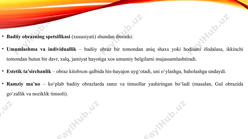 ashlari, dunyoqarashi va maqsadini ifodalaydi. ramziy qatlam – obrazlar ko‘pincha ramziy ma’noga ega bo‘lib, chuqur falsafiy g‘oyalarni o‘zida mujassam etadi. obrazlilikning ahamiyati san’atning ta’sirchanligini oshiradi – oddiy gaplarni o‘quvchiga estetik ruhda yetkazadi. qahramonlarni jonlantiradi – ularni kitobxon ko‘z o‘ngida tirikdek qiladi. falsafiy mazmun beradi – voqealarning chuqur mohiyatini anglash imkonini yaratadi. badiiy asar jozibasini oshiradi – o‘quvchiga zavq va hayajon baxsh etadi. badiiy obraz adabiyotning yuragi hisoblanadi, u orqali yozuvchi hayotiy voqealarni estetik shaklda tasvirlaydi. obrazlilik esa shu tasvirning ta’sirchanligi, jozibadorligi va go‘zalligini ta’minlaydi. badiiy obrazning spetsifikasi – hayotiylik va badiiylikni uyg‘unlashtirish, umumlashma va individuallikni birlashtirish, estetik va ramziy mazmunni mujassam etishdir. xulosa e’tiboringiz uchun raxmat image2.png image3.jpeg image4.jpeg image5.jpeg image6.png image1.png /docprops/thumbnail.jpeg