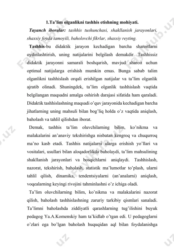 chaqirgan. ta’lim oluvchilarga nisbatan nazoratning ob’ektiv bo’lishiga erishish didaktik tizimlarning asosida yotadi. olimlarning ta’kidlashicha, demokratlashgan ta’lim tizimida yuzaki (formal) nazorat bo’lmasligi lozim. didaktik nazorat o’qitishning o’ziga xos metodi sifatida aniq ifodalangan ta’lim beruvchi, rivojlantiruvchi yo’nalganlikka ega bo’lishi, o’z-o’zi bilan nazorat qilish bilan birlashishi, eng avvalo, ta’lim oluvchining o’zi uchun zarur va foydali bo’lishi lozim. ta’lim tizimini demokratlashtirish bilim, ko’nikma va malakalarni nazorat qilishdan emas, balki baho yordamida o’qishga undashning eskirgan shakllaridan voz kechishni talab qiladi. ta’lim oluvchilarning o’quv mehnatini rag’batlantirishning yangi usullarini izlash, ta’lim va tarbiya sohasida kuch to’plab borayotgan shaxsiy foyda tamoyili yangicha yondashuvlarni belgilab beradi. tashhislash tizimida baho rag’batlantirish vositasi sifatida bir qator afzalliklarga ega bo’ladi. birinchi navbatda, baholovchi fikrlar (ballar) qo’llanishi mumkin bo’lgan tashhislash natijalari shaxsning o’z darajasini belgilashga ko’maklashadi, bu esa raqobatbardosh ta’lim sharoitlarini yaratishda muhim omil sanaladi. ta’lim (shuningdek, nazorat)ning ihtiyoriyligi tamoyili bilan boyitilgan baho o’tmishda ko’plab ta’lim oluvchilar uchun majburiy ta’limning zaruriy vositasidan shaxsiy …