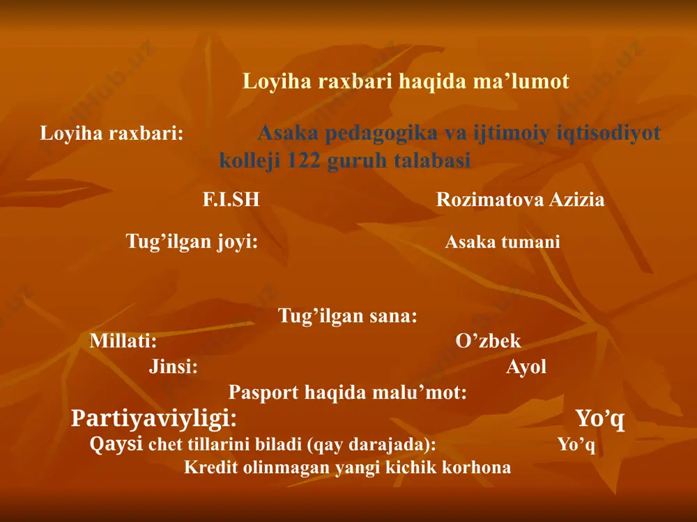 ransport xarajatlari 1800000 6. ko’zda tutilmagan xarajatlar 3600000 tannarx 82500084 transport xarajatlari asosan xom-ashyolarni keltirish xamda tayyor maxsulotlarni yetkazib berish bilan bog’lik bo’lib, bir oyga 100 000 so’m miqdorida, 18 oyga esa 1800 000 so’m miqdorida belgilandi. ko’zda tutilmagan xarajatlarni asosan xom-ashyo, elektroenergiya narxlari ko’tarilishi evaziga kelib chiqadigan xarajatlar tashkil etadi. korxonada 10 nafar fuqaro ish bilan ta’minlangan bo’lib, ularning ish xaqlari quyidagicha belgilanadi: № lavozimi soni oylik ish xaqi, sum bir yilda, so’m 1 8 oyda, so’m 1. boshqaruvchi 1 200000 2400000 2 tikuvchi 6 1200000 14400000 3 bichuvchi 1 200000 2400000 4 ishchi 1 200000 2400000 5 nazoratchi 1 200000 2400000 jami 10 24000000 25% ajratma 600000 xammasi : 300000 45000000 ish rejasi № bosqichlar mutasaddi muddati nazoratchi 1 bozorni o`rganish boshqaruvchi har oyning oxirgi haftasida boshqaruvchi 2 mahsulot sifatini tekshirish tikuvchi doimiy boshqaruvchi 3 xom-ashyo etkazib berish nazoratchi doimiy boshqaruvchi 4 oylik hisob-kitoblar boshqaruvchi har oy yakuni …