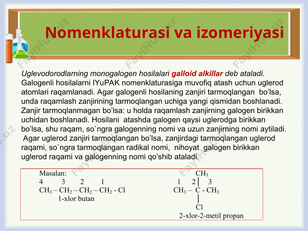 sanoatda olinishi: ch4 + cl2 → ch3cl + hcl ch3cl + cl2 → ch2cl2 + hcl ch2cl2 +cl2 → chcl3 + hcl chcl3 + cl2 → ccl4 + hcl xloroform (trixlormetan, metiltrixlorid, xladon-20) organik kimyoviy birikma bo’lib, formulasi chcl3. oddiy sharoitda rangsiz uchuvchan suyuqlik bo’lib, shirin ta’mli efirning hidi keladi. suvda deyarli erimaydi.yonmaydi. xloroform xloroform birinchi marta 1831 yilda kauchuk erituvchisi sifatida samuel gutri, keyinchalik esa libix va subereynlar tomonidan olingan. uning formulasini fransuz kimyogari dyuma aniqlagan va unga 1834 yilda “xloroform” deb nom bergan.bunday nom berishiga sabab, u gidrolizlanganda chumoli kislota hosil qiladi( lotin tilida formica «chumoli» degan ma’noni anglatadi). 1847 yilda akusher djeyms simpson birinchi marta xloroformdan narkoz sifatida foydalangan. xloroform (trixlormetan, metiltrixlorid, xladon-20) organik kimyoviy birikma bo’lib, formulasi chcl3. oddiy sharoitda rangsiz uchuvchan suyuqlik bo’lib, shirin ta’mli efirning hidi keladi. suvda deyarli erimaydi.yonmaydi. xloroform xloroform birinchi marta 1831 yilda kauchuk erituvchisi sifatida samuel gutri, keyinchalik esa libix …