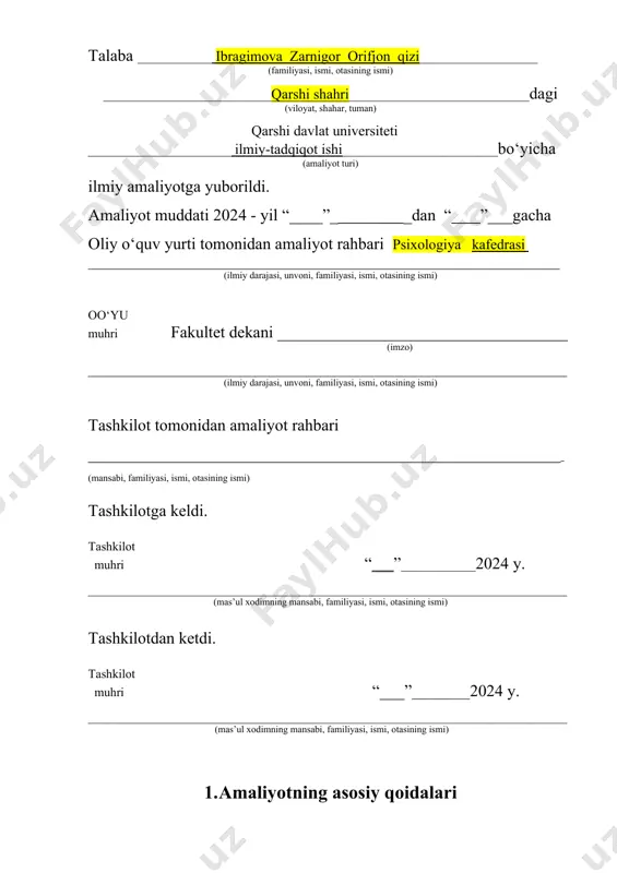 ‘yicha amaliyot rahbari tomonidan shahsiy topshiriq olishi; · ilmiy amaliyotni o‘tash bo‘yicha tuzilgan taqvimli rejadan ikki nusha olishi (biri talaba uchun, ikkinchisi-tashkilot tomonidan biriktirilgan amaliyot rahbari uchun); · ilmiy amaliyotga yuborilganligi to‘g‘risidagi yo‘llanmani olishi; · yotoqxonaga joylashishi uchun (zarur bo‘lganda) yo‘llanma. 1.2. talaba tashkilotga etib kelgach tashkilot tomonidan biriktirilgan rahbariga kundalikni taqdim etishi va ilmiy amaliyot rejasini ko‘rsatishi kerak. shu bilan birga texnika xavfsizligi, yong‘in falokatidan saqlanish, zaruriy asbob-uskuna va texnikalardan foydalanish bo‘yicha tushuntirish ishlarini olishi hamda amaliyot o‘tash joyi bilan tanishishi lozim. 1.3. amaliyot davrida talaba tashkilotning ichki tartib qoidalariga rioya qilishi shart. har qanday holatda talaba amaliyot joyidan chiqayotganda, bu haqda rahbarini ogohlantirishi lozim. 1.4. talaba amaliyot hususidagi taqvimli rejaga asosan hisobot tayyorlaydi. hisobotni tashkilot va oliy o‘quv yurti tomonidan biriktirilgan rahbarlarning qo‘shimcha ko‘rsatmalari asosida to‘ldiradi. 1.5. ilmiy amaliyotda talabaning faoliyati 5 baholik tizim asosida baholanadi. 2. amaliyot davrida bajarilgan ishlar rejasi t/r ishning nomi amaliyotning haftalik o‘talishi …