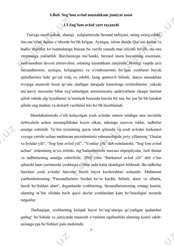 i va yosh avlodni barkamol voyaga yetishi uchun muhtaram prezidentimiz rahnamoligida joriy yillarning “onalar va bolalar yili”, “sog‘lom avlod yili”, “yoshlar yili” deb nomlanishi, “sog‘lom avlod uchun” ordenining ta’sis etilishi, rag‘batlantiruvchi maxsus stipendiyalar, turli dastur va tadbirlarning amalga oshirilishi, 2010 yilni “barkamol avlod yili” deb e’lon qilinishi ham yurtimizda yoshlarga e’tibor juda katta ekanligini bildiradi. bu tadbirlar barchasi yosh avlodni farovon, baxtli hayot kechirishlari uchundir. muhtaram yurtboshimizning: “farzandlarimiz bizdan ko‘ra kuchli, bilimli, dono va albatta, baxtli bo‘lishlari shart”, deganlarida yoshlarning, farzandlarimizning ertangi kunini, ularning ta’lim olishda hech qaysi davlat yoshlaridan kam bo‘lmasligini nazarda tutganlar. darhaqiqat, yoshlarning kelajak hayot bo‘sag‘alariga qo‘yadigan qadamlari qutlug‘ bo‘lishida va jamiyatda munosib o‘rinlarni egallashida ularning komil odob-axloqqa ega bo‘lishlari juda muhimdir. hammamizga ma’lumki, joriy yil mamlakatimiz rahbari tomonidan “sog‘lom ona va bola yili” deb e’lon qilindi. bu joriy yil yoshlar tarbiyasiga yana ham jiddiyroq e’tibor berilishi talab qilinadi, demakdir. yoshlarimizning barkamol avlod bo‘lib yetishishlari yo‘lida hukumatimiz …