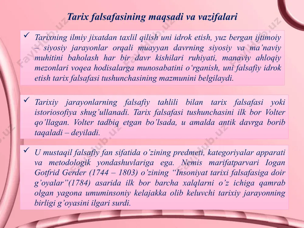 raqqiyot jarayonining kishilik jamiyatini har taraflama о’rganuvchi fan hisoblanadi. - tarix – yunoncha sо’z bо’lib, tadqiqot, hikoya ma’nolarini bildiradi. tarix falsafasining shakllanish tarixi taraqqiyot bevosita tarix falsafasi hisoblanadi. tarix falsafasi geradot va fukididning antik davrdagi tarixiy harakat kuchi haqidagi tadqiqotlardan boshlanadi. tarixni falsafiy anglash jiddiy tadrijiy rivojlanishni kechirdi. qadimgi sharqda tarix tabiatdagi narsalarning va yil fasllarining almashinuvi kabi abadiy о’z holiga qaytish jarayoni sifatida talqin etilgan. qadimgi hind falsafasi hayotning harakati abadiy shaklda borishi (sansara) ta’limoti va u bilan bog’liq kishilarning u yoki bu qilmishlari uchun beriladigan mukofotning muqarrarligi sifatida qarma qonunining mavjudligi haqidagi g’oyalar muhim ahamiyat kasb etadi. qadimgi yunonistonda, xususan gerakli ta’limotida an’anaviy shaklda tarixning davriy paradigmasi birinchi bor о’z ifodasini topdi. unga kо’ra tarix aylanma shaklda harakat qilib, doimo о’zining dastlabki holatiga qaytadi. о’rta asrlarda tarixga diniy, teologik qarash hukmron edi. tarixiy jarayonning ibtidosi sifatida olamning xudo tomonidan yaratilishi g’oyasi qabul qilinib, tarixni xarakatga keltiruvchi asosiy kuch …
